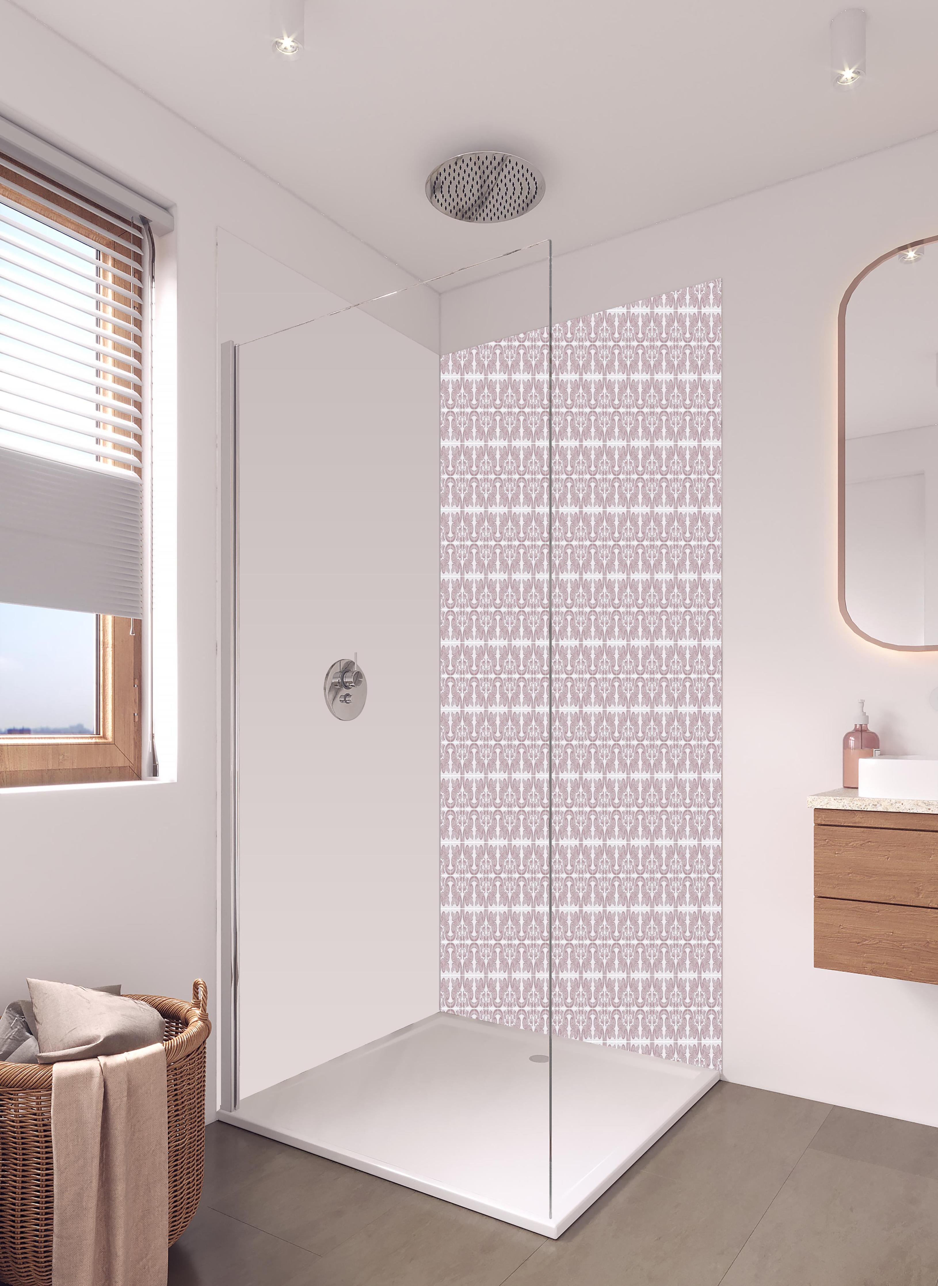 Duschrückwand - Hochwertiges Grau-Weiß Nahtloses Muster in hellem Badezimmer mit Regenduschkopf - zweiteilige Eck-Duschrückwand