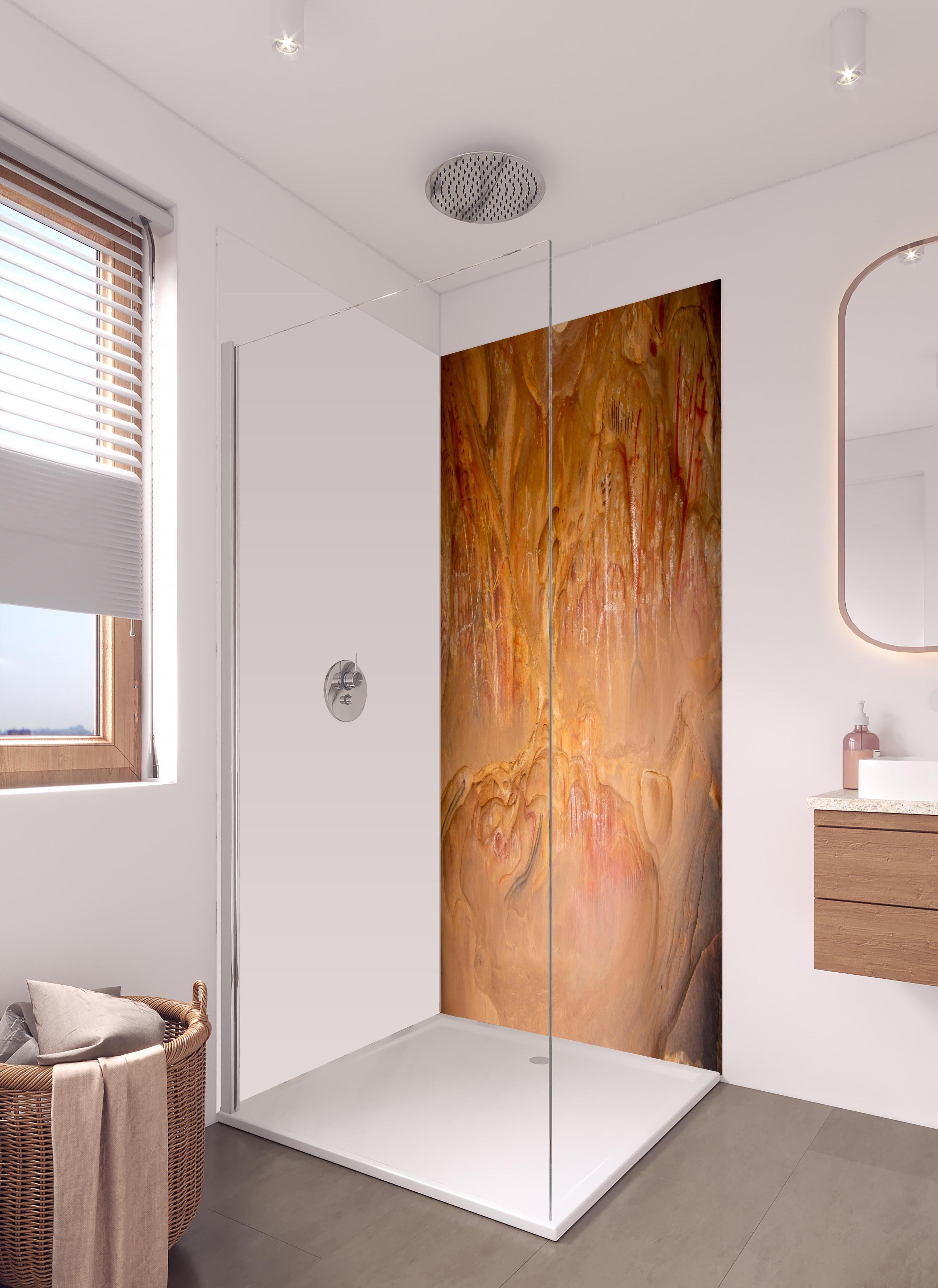 Duschrückwand - Höhlenmalereien von Arkaroo Rock - Südaustralien in hellem Badezimmer mit Regenduschkopf - zweiteilige Eck-Duschrückwand