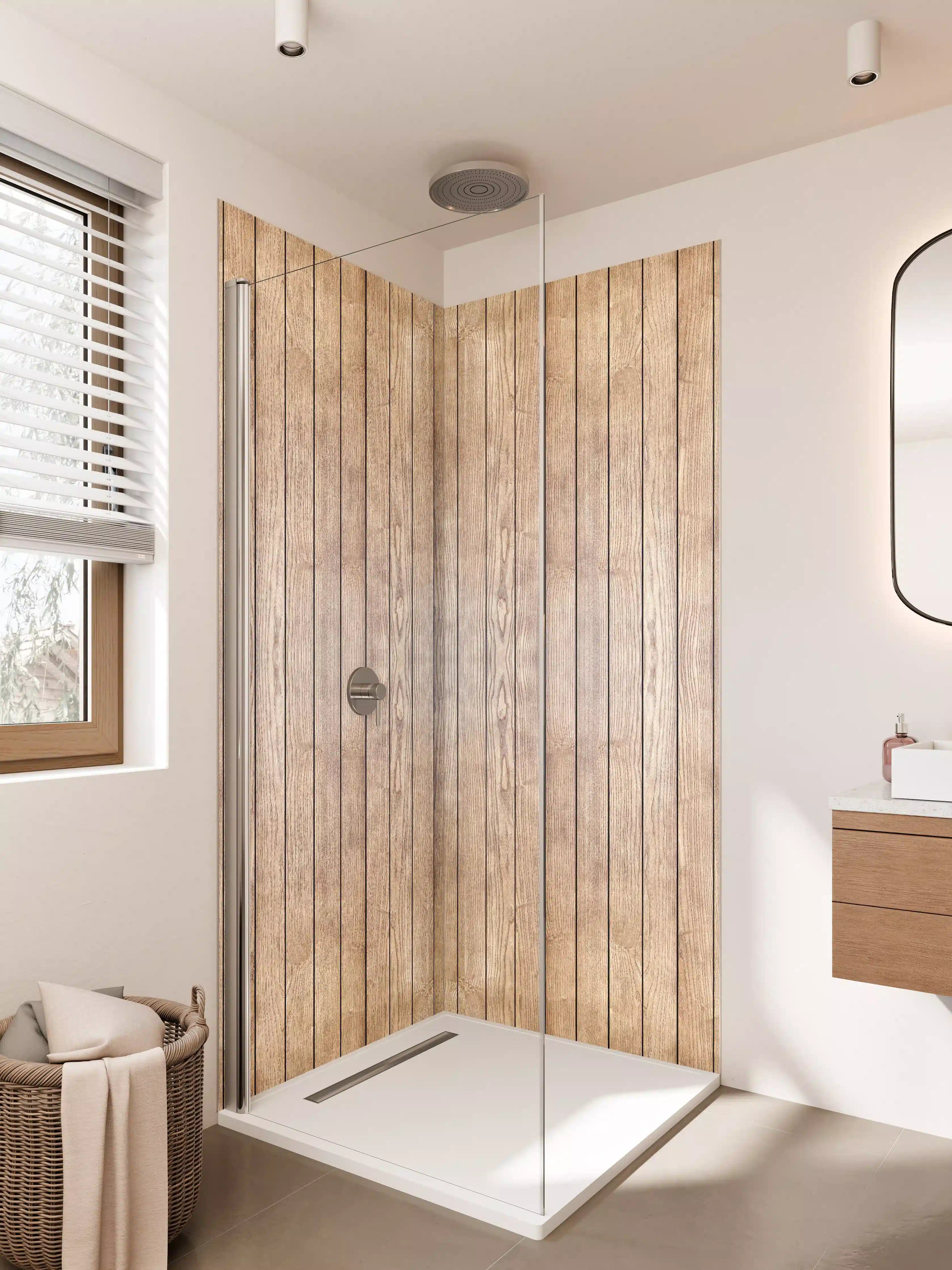 Duschrückwand - Hölzerne Wand mit natürlicher Maserung