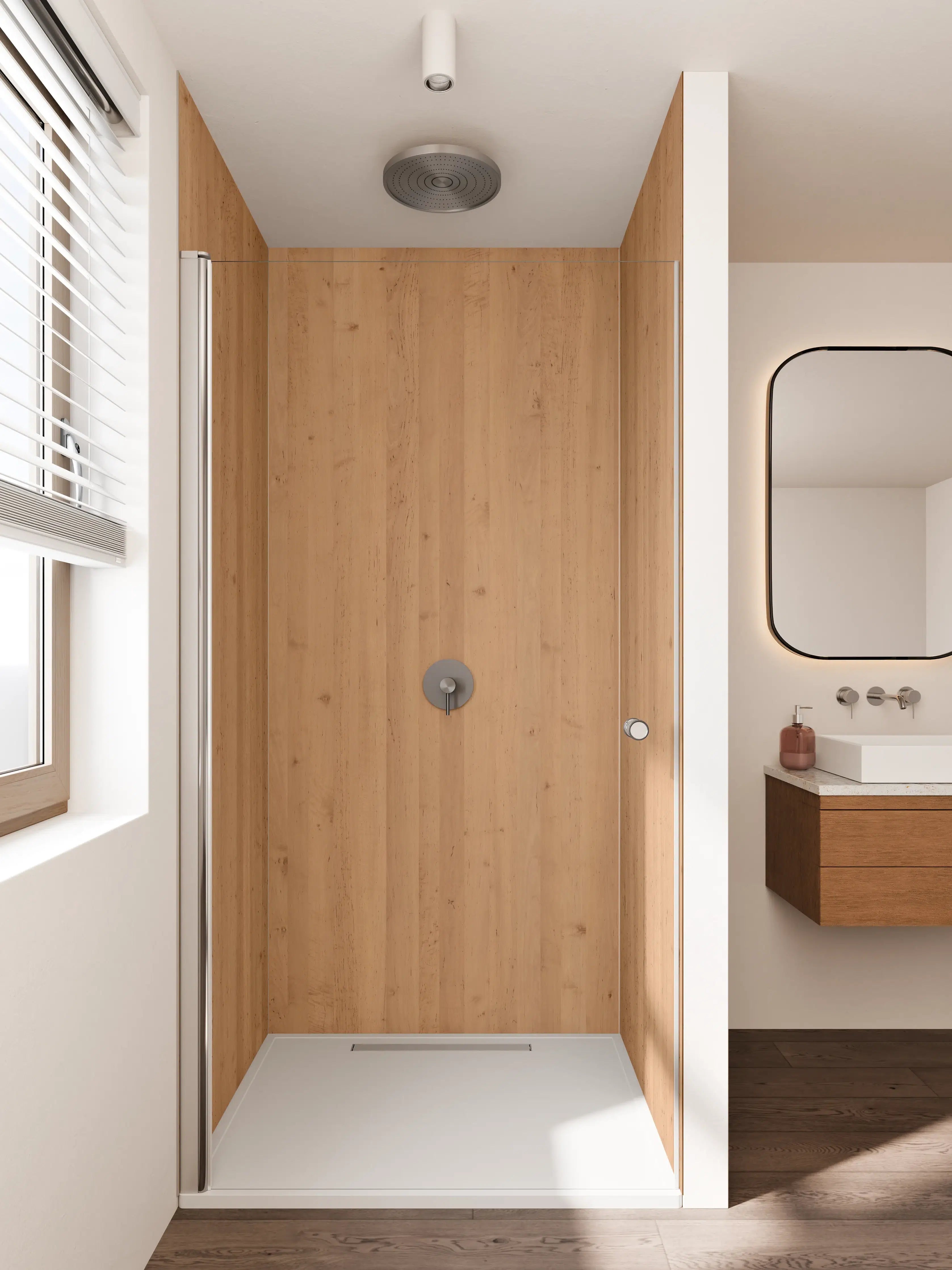 Duschrückwand - Hölzerne Wand mit warmer Holzoptik