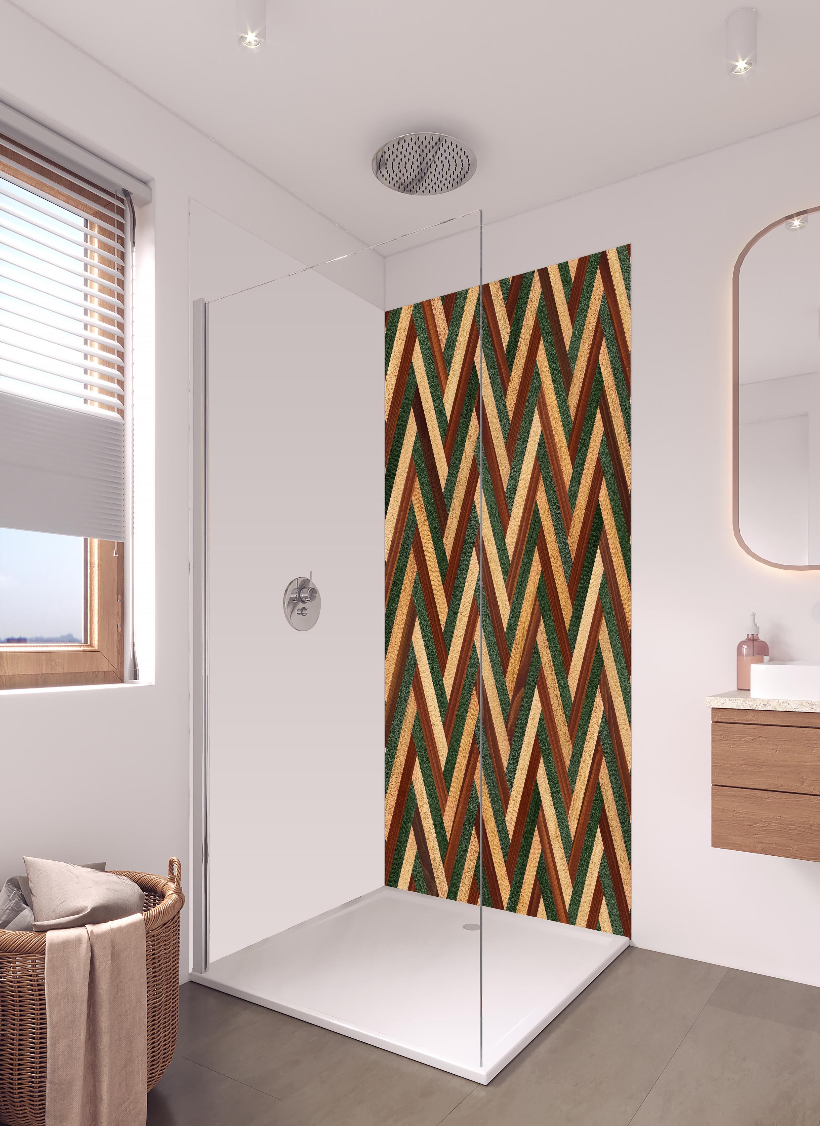 Duschrückwand - Hölzernes buntes Muster in hellem Badezimmer mit Regenduschkopf - zweiteilige Eck-Duschrückwand