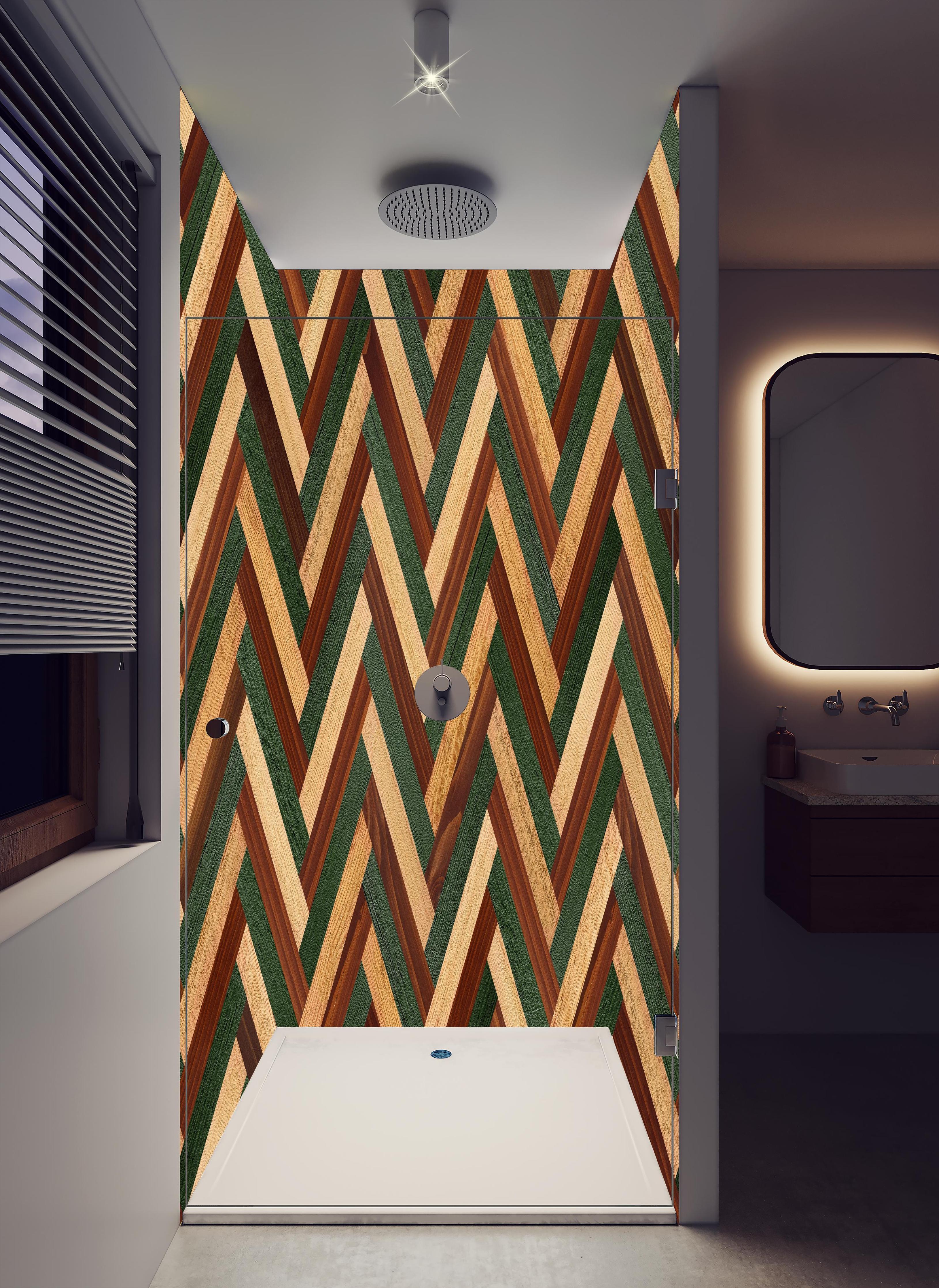 Duschrückwand - Hölzernes buntes Muster in hellem Badezimmer mit Regenduschkopf - zweiteilige Eck-Duschrückwand
