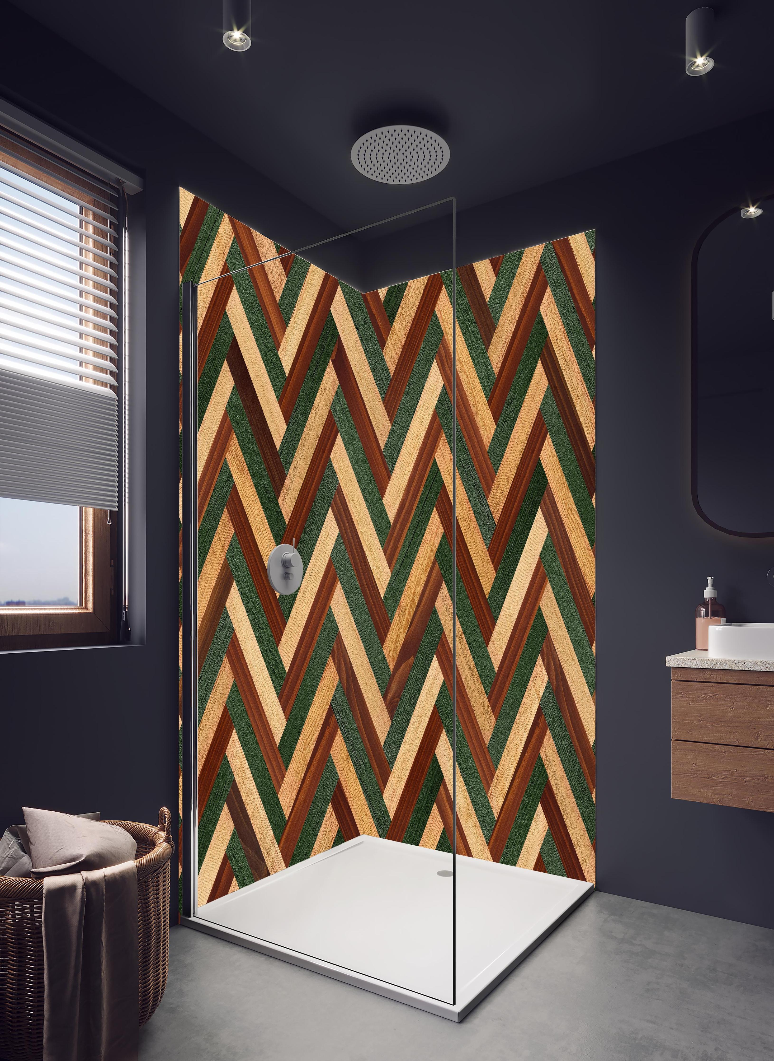 Duschrückwand - Hölzernes buntes Muster in hellem Badezimmer mit Regenduschkopf - zweiteilige Eck-Duschrückwand