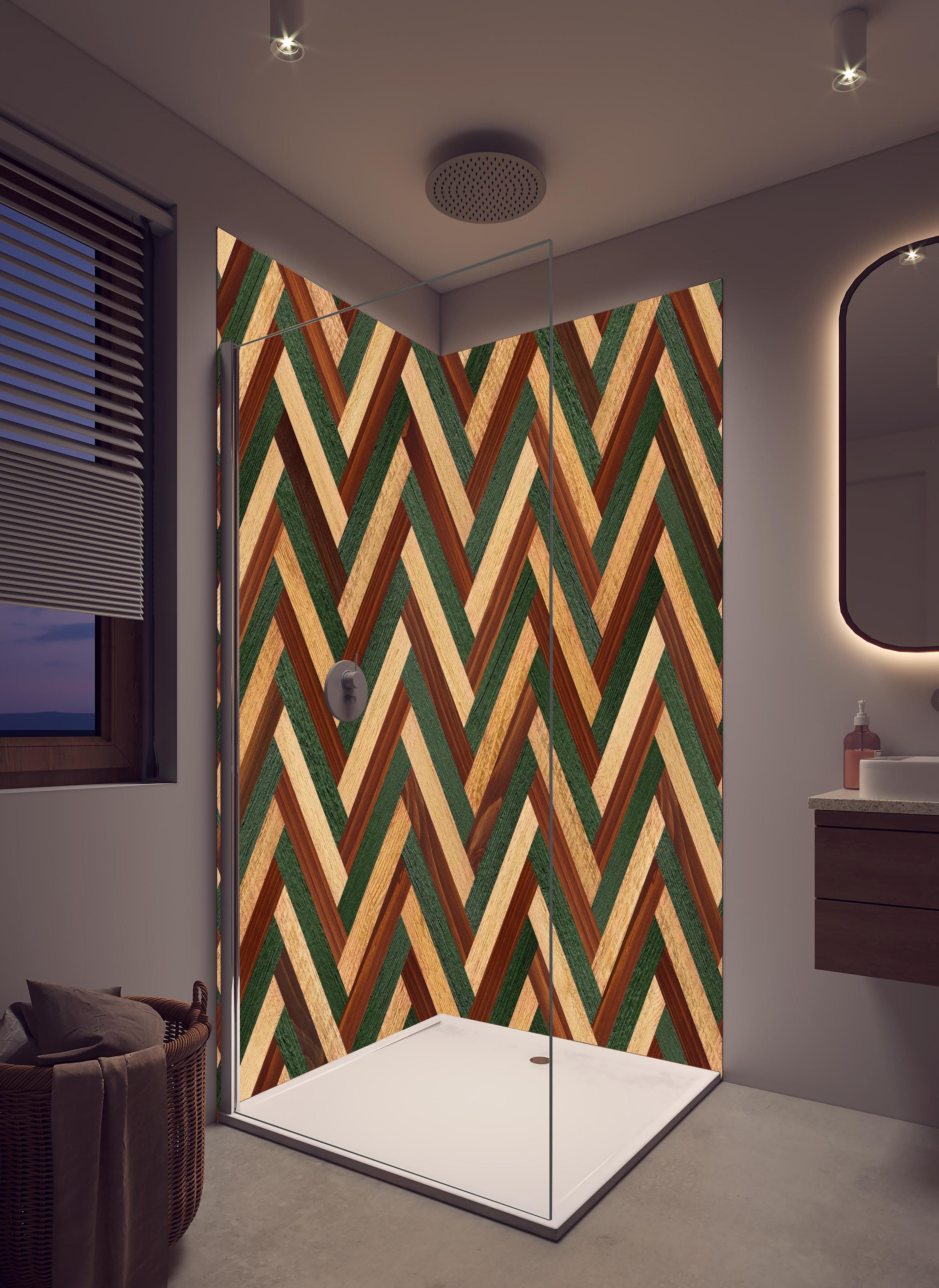 Duschrückwand - Hölzernes buntes Muster in hellem Badezimmer mit Regenduschkopf - zweiteilige Eck-Duschrückwand
