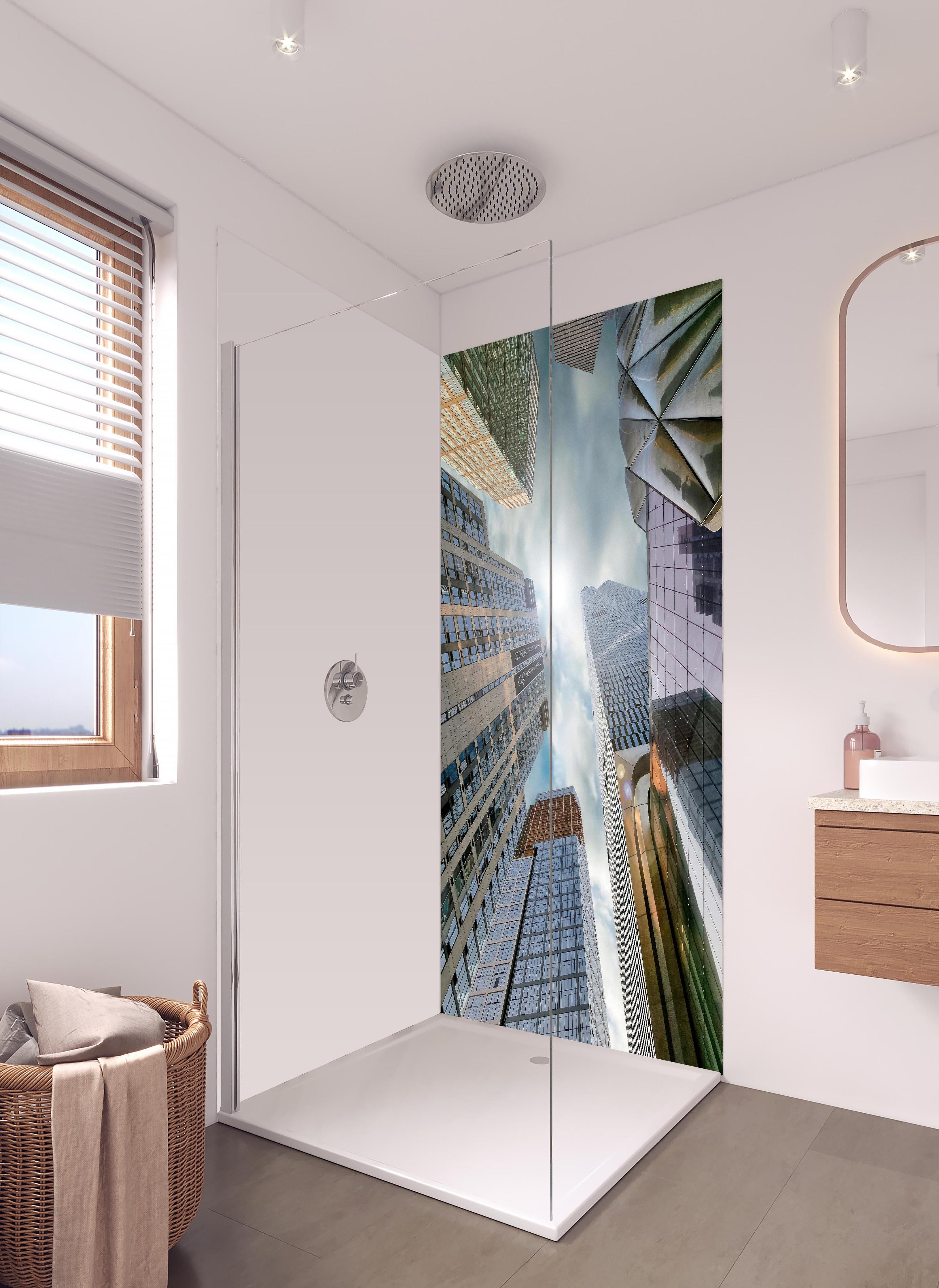 Duschrückwand - Hohe Gebäude - Menschen Perspektive in hellem Badezimmer mit Regenduschkopf - zweiteilige Eck-Duschrückwand