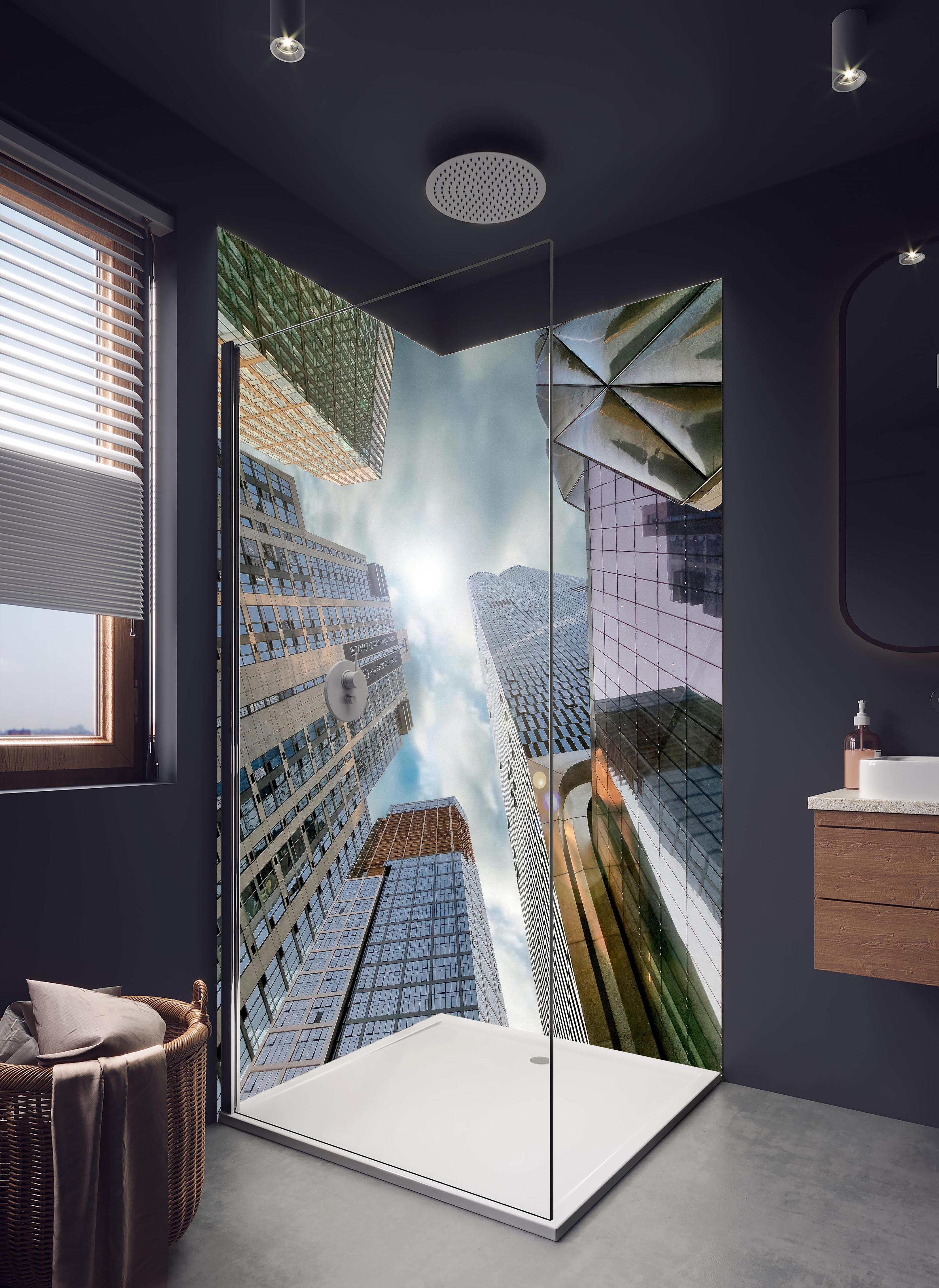 Duschrückwand - Hohe Gebäude - Menschen Perspektive in hellem Badezimmer mit Regenduschkopf - zweiteilige Eck-Duschrückwand