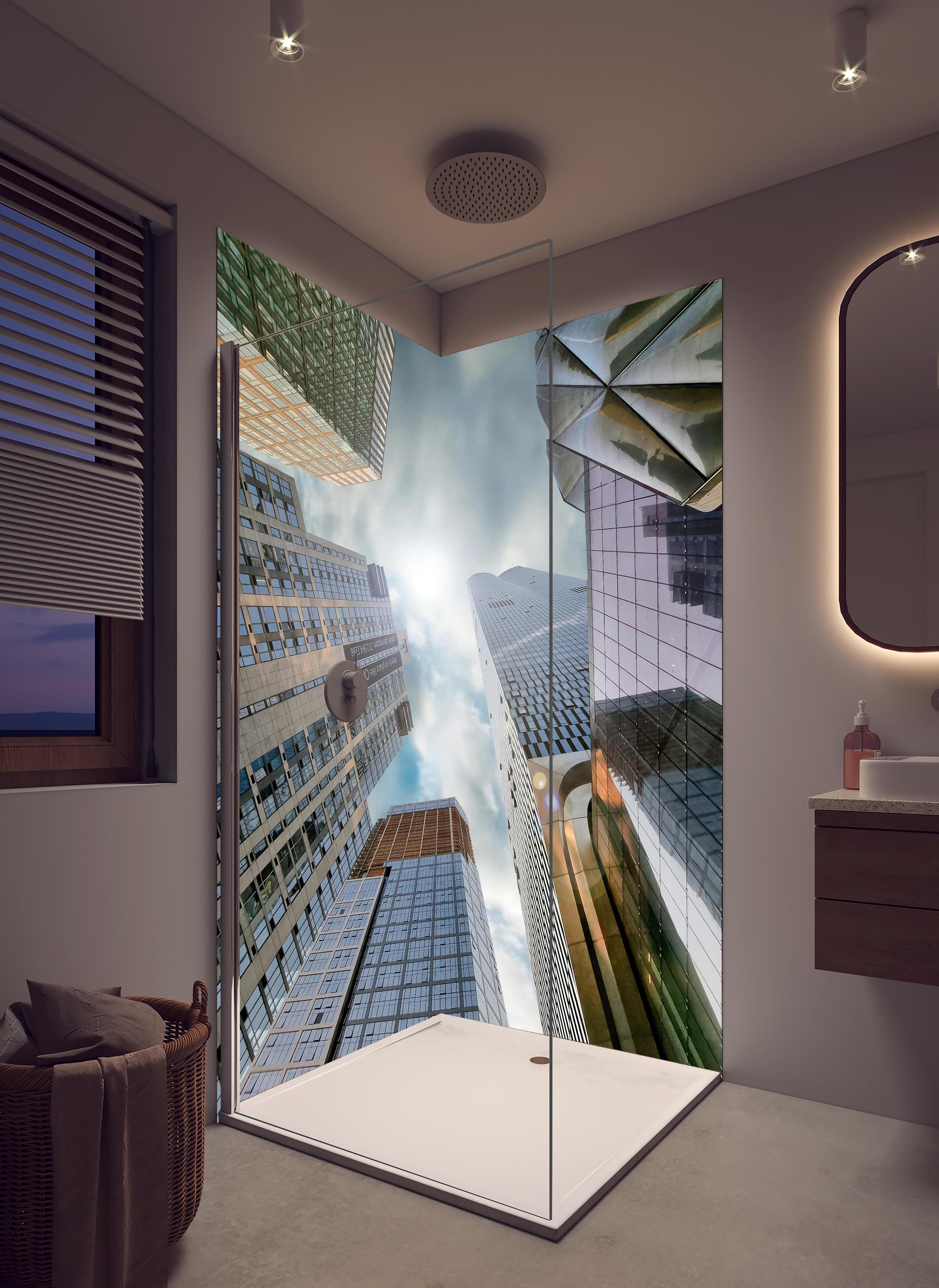 Duschrückwand - Hohe Gebäude - Menschen Perspektive in hellem Badezimmer mit Regenduschkopf - zweiteilige Eck-Duschrückwand