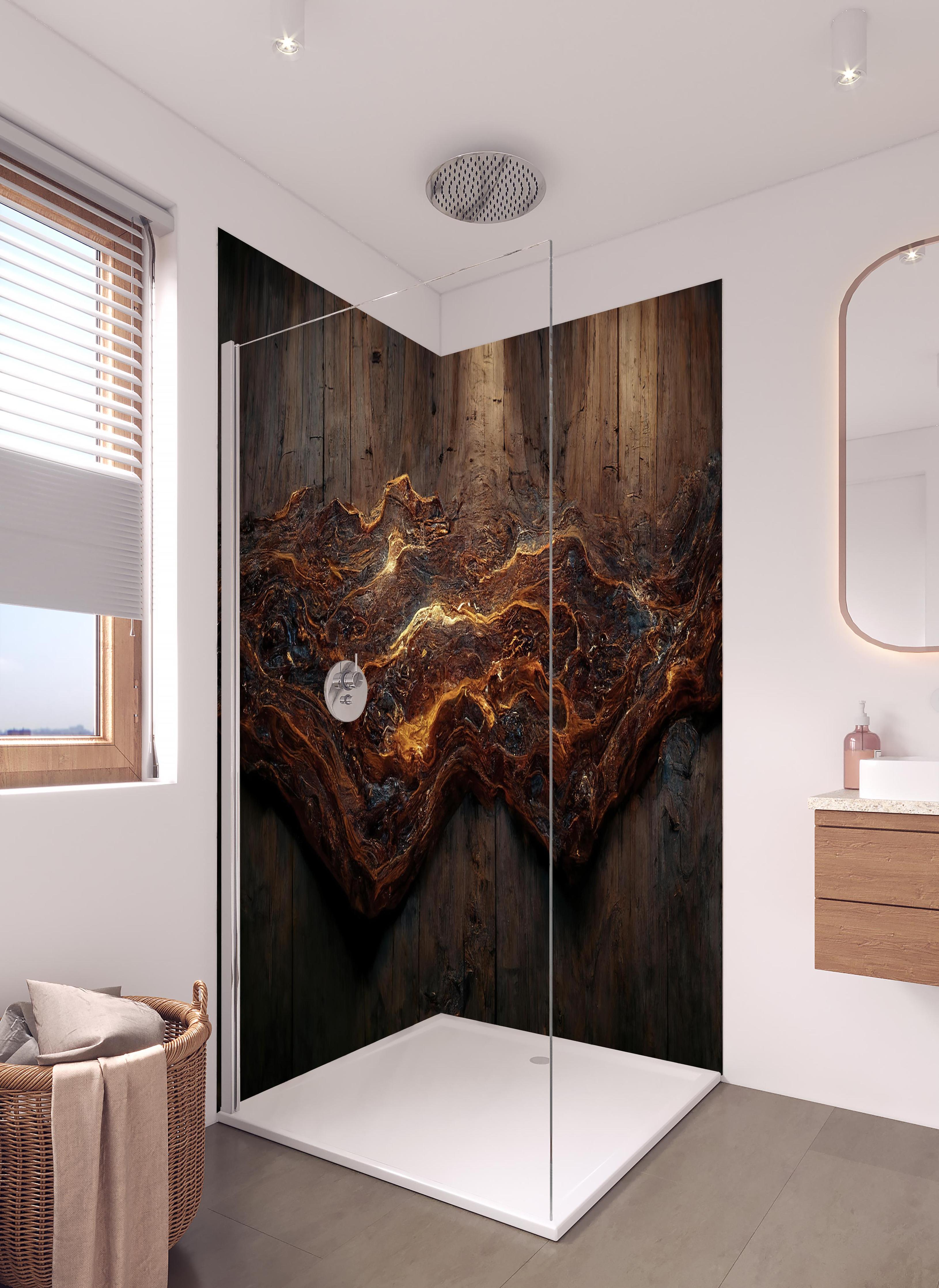 Duschrückwand - Holzplatte mit blauem Epoxid in hellem Badezimmer mit Regenduschkopf - zweiteilige Eck-Duschrückwand