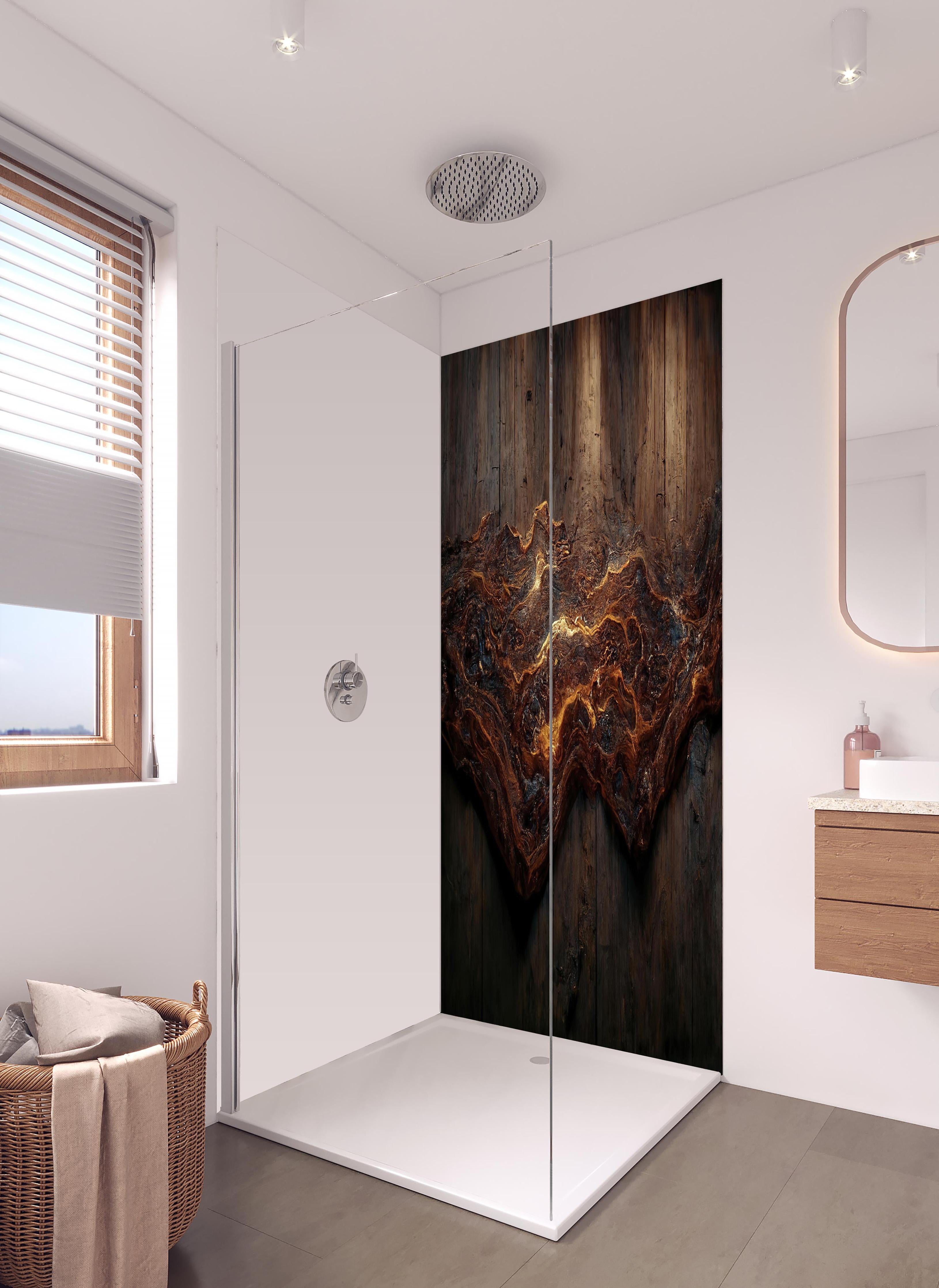 Duschrückwand - Holzplatte mit blauem Epoxid in hellem Badezimmer mit Regenduschkopf - zweiteilige Eck-Duschrückwand