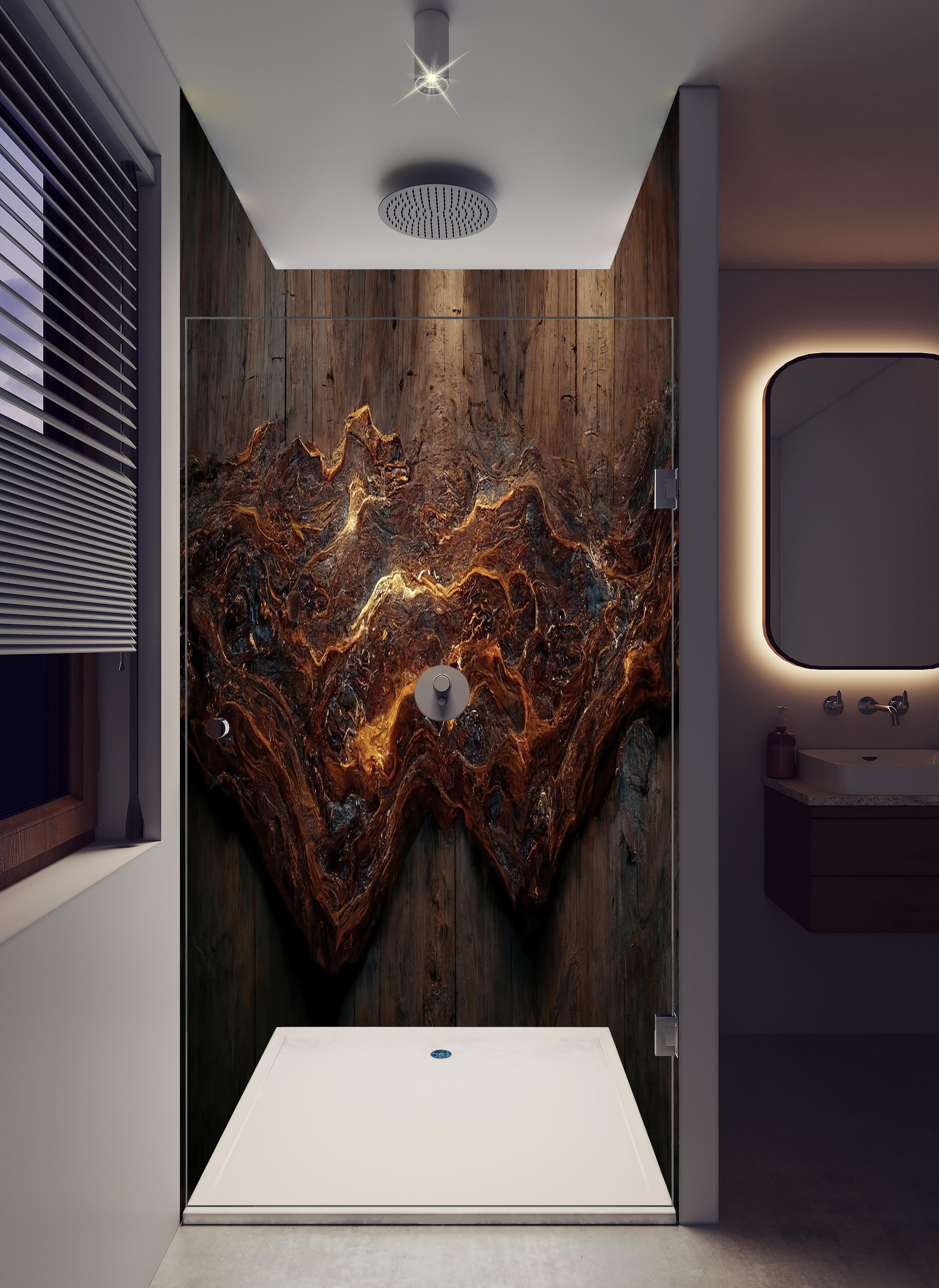 Duschrückwand - Holzplatte mit blauem Epoxid in hellem Badezimmer mit Regenduschkopf - zweiteilige Eck-Duschrückwand