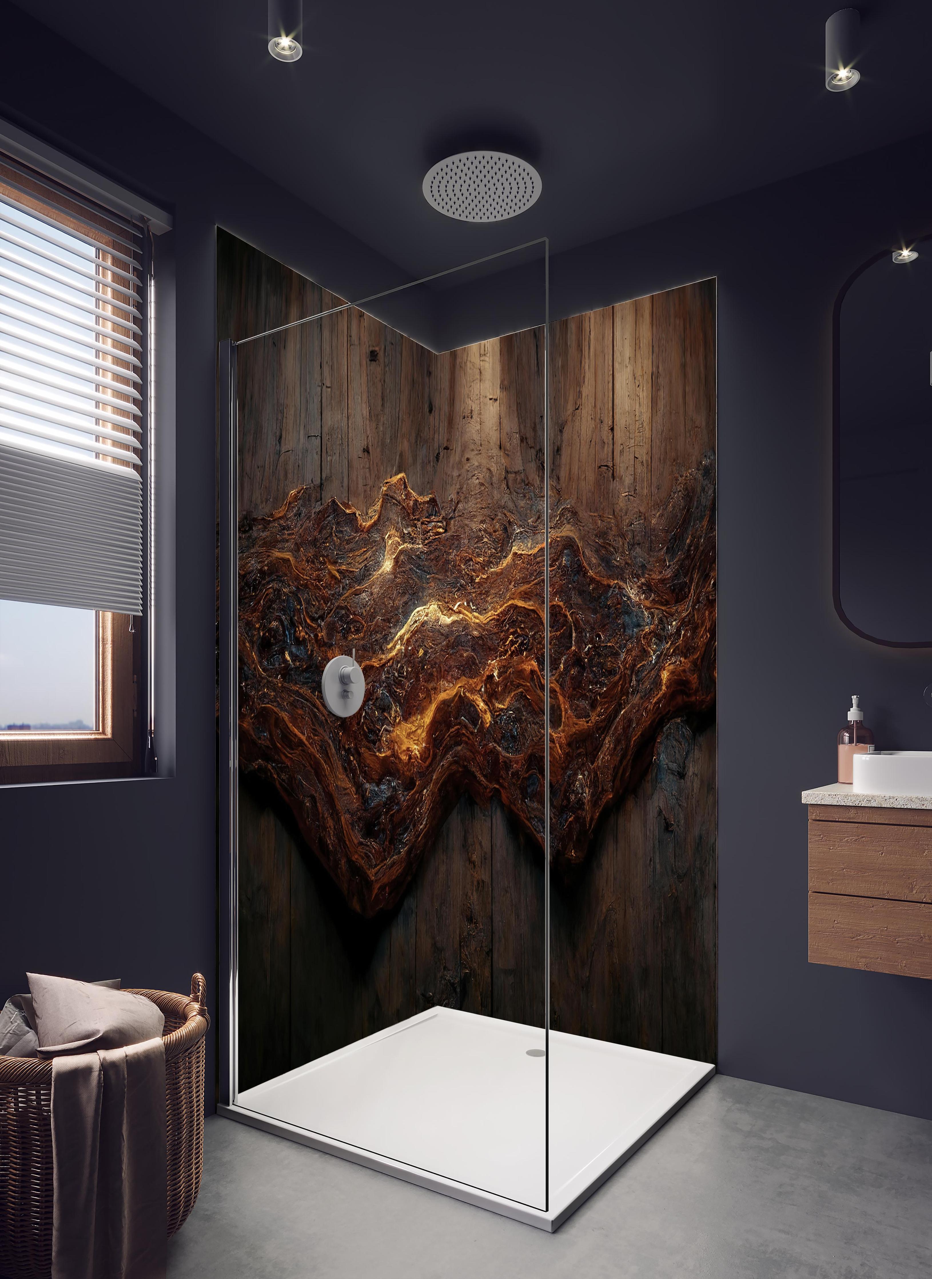 Duschrückwand - Holzplatte mit blauem Epoxid in hellem Badezimmer mit Regenduschkopf - zweiteilige Eck-Duschrückwand
