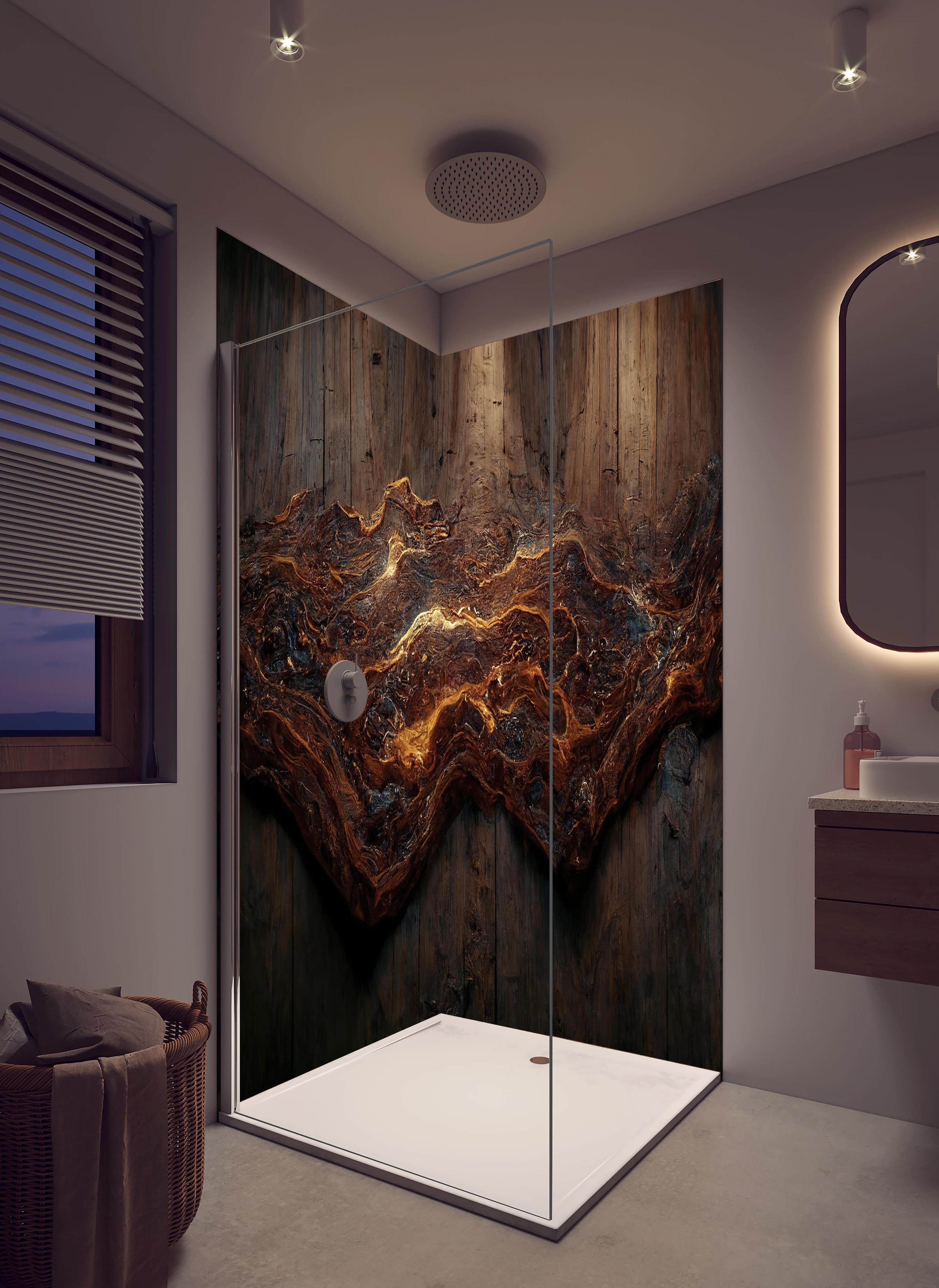 Duschrückwand - Holzplatte mit blauem Epoxid in hellem Badezimmer mit Regenduschkopf - zweiteilige Eck-Duschrückwand