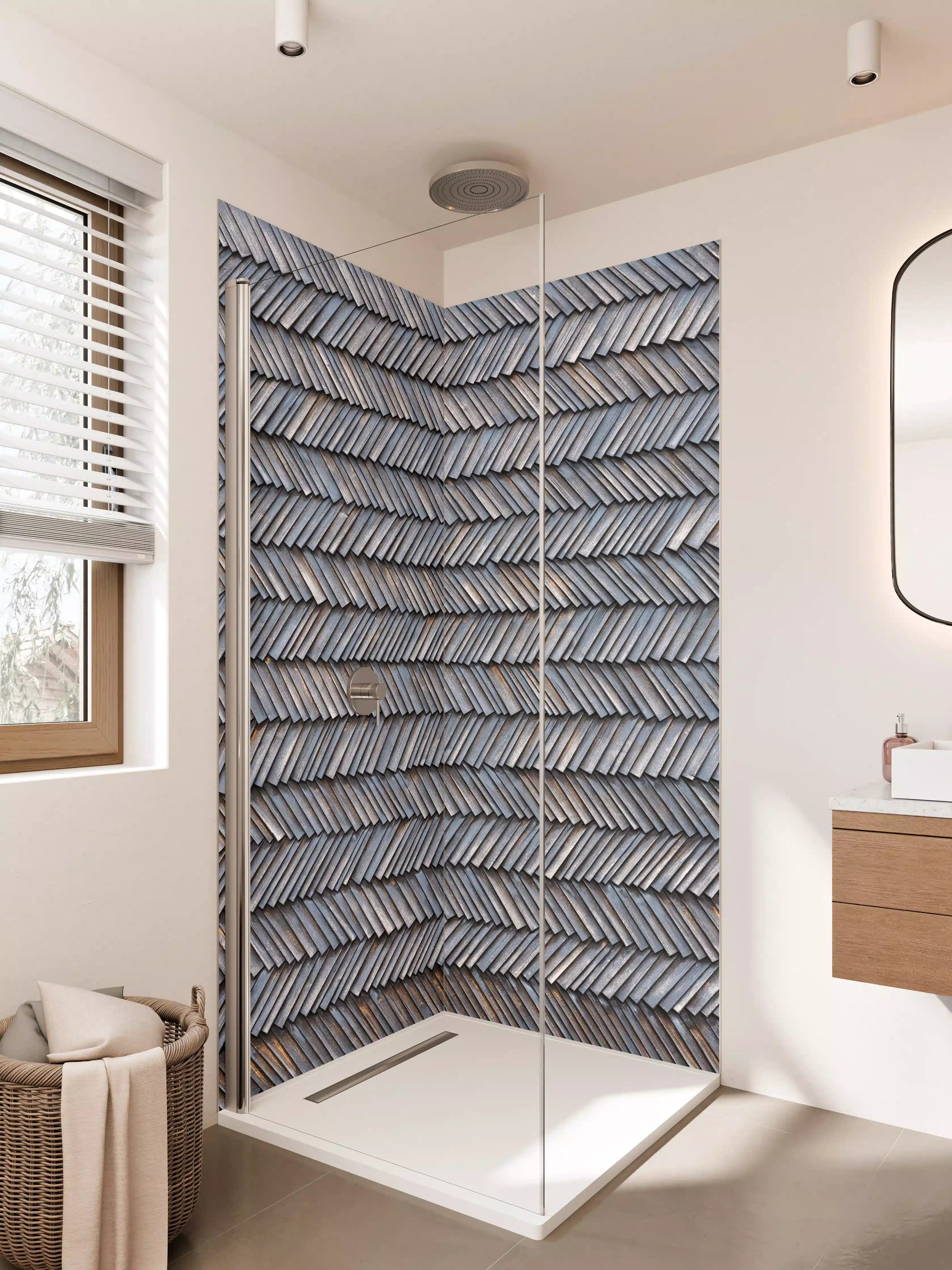 Duschrückwand - Holzschindeln mit warmem Braunton und natürlicher Textur