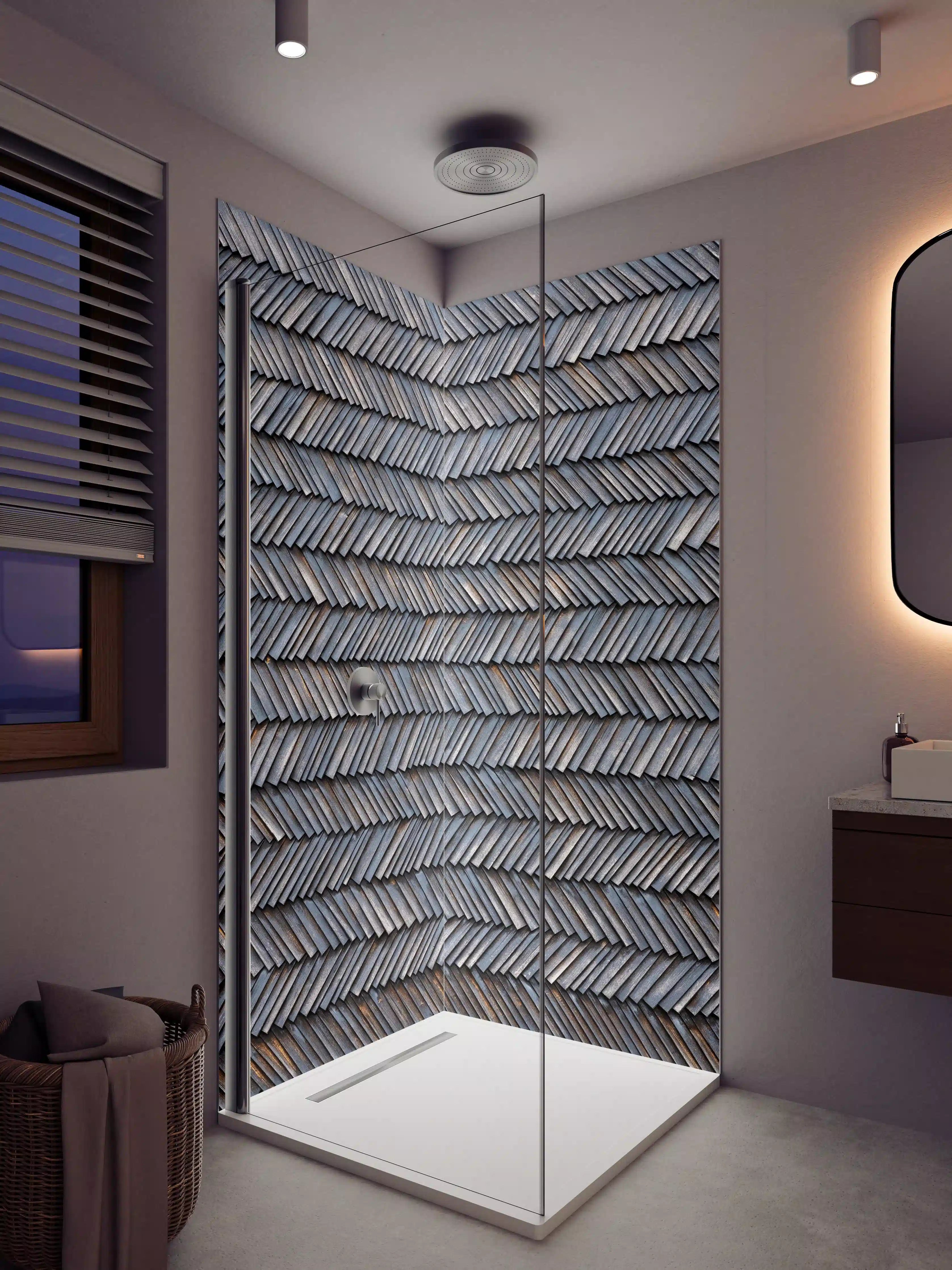 Duschrückwand - Holzschindeln mit warmem Braunton und natürlicher Textur