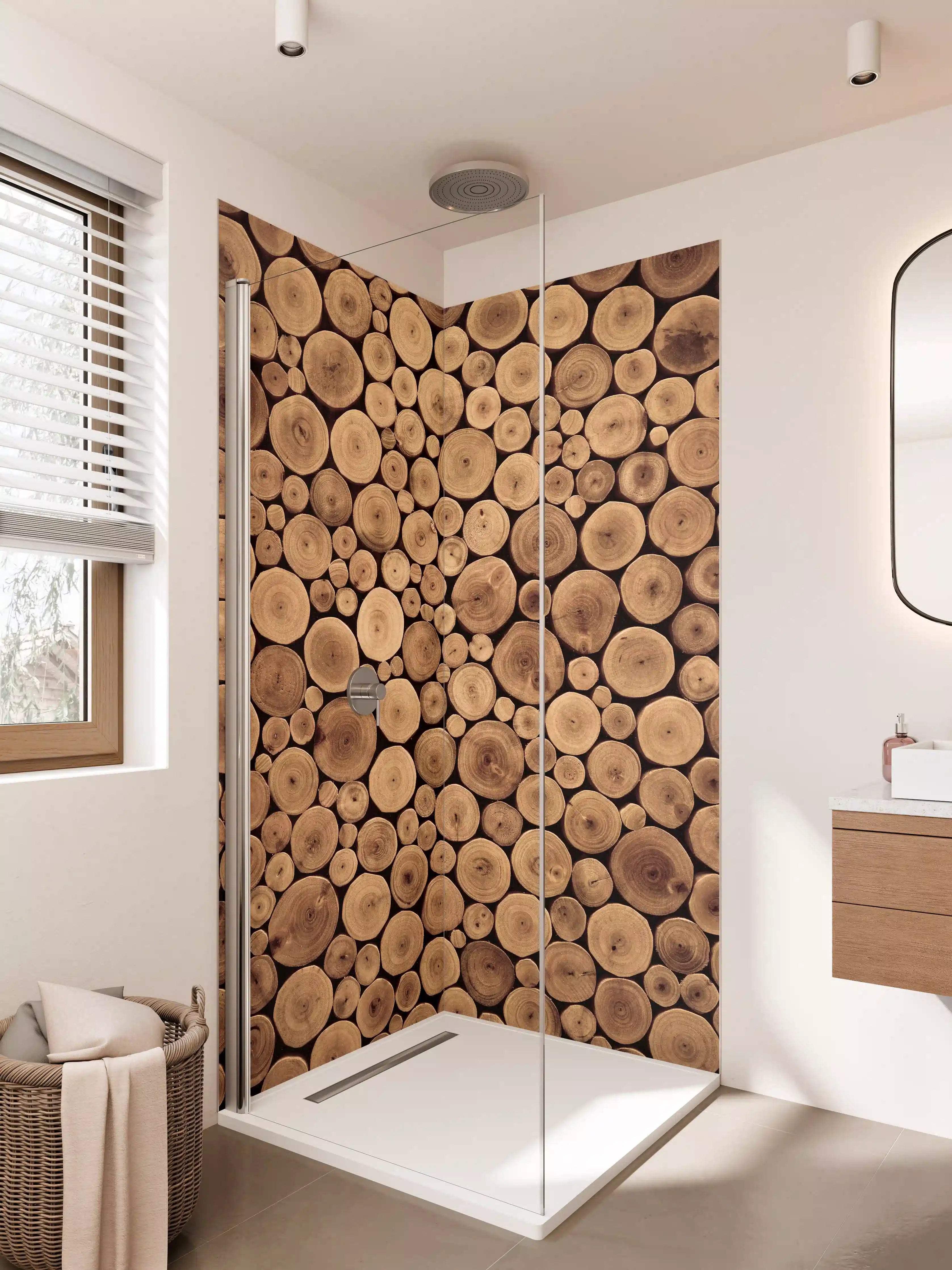 Duschrückwand - Holzstämme in warmem Braunton