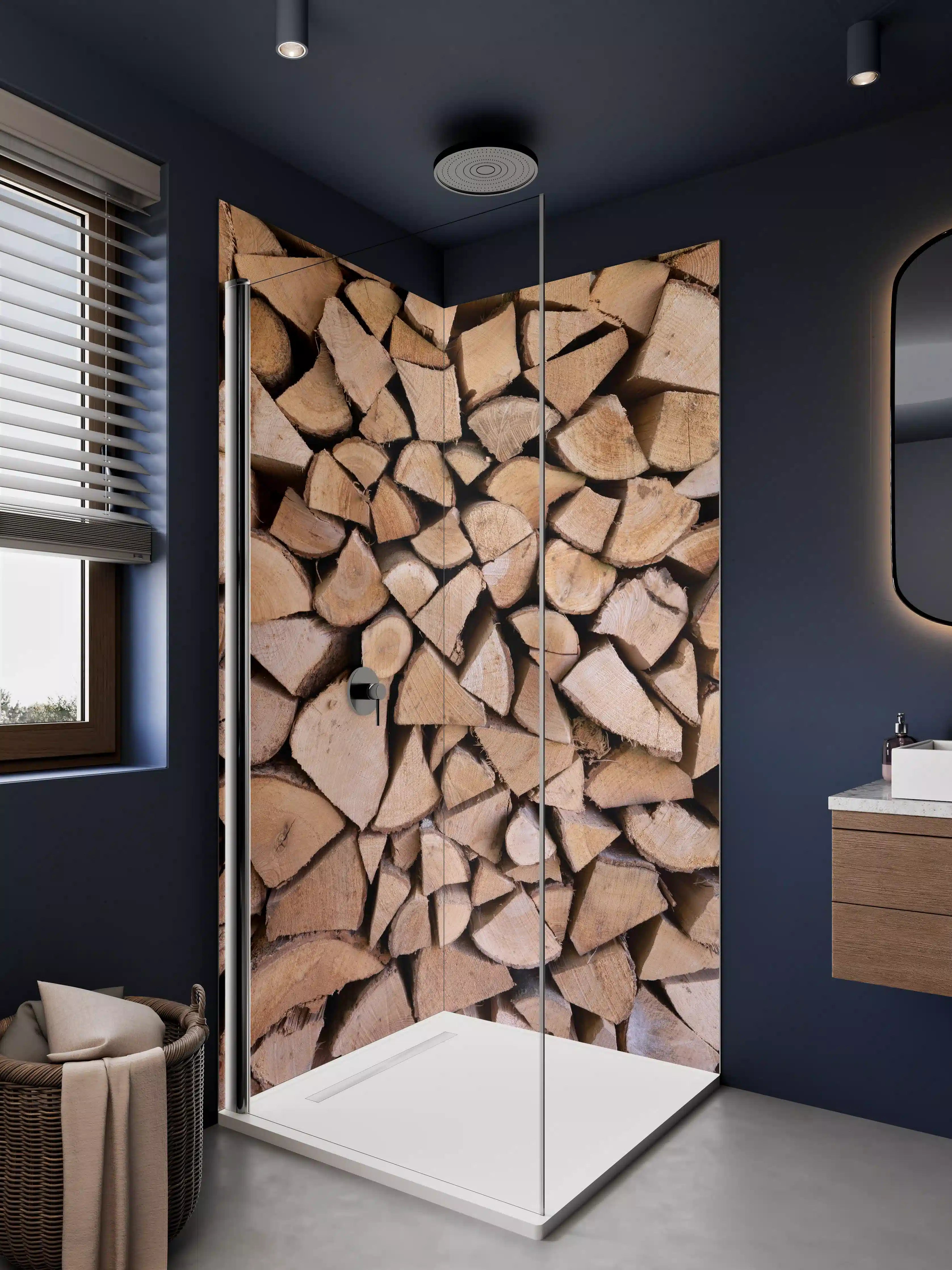 Duschrückwand - Holzstapel in Naturtönen