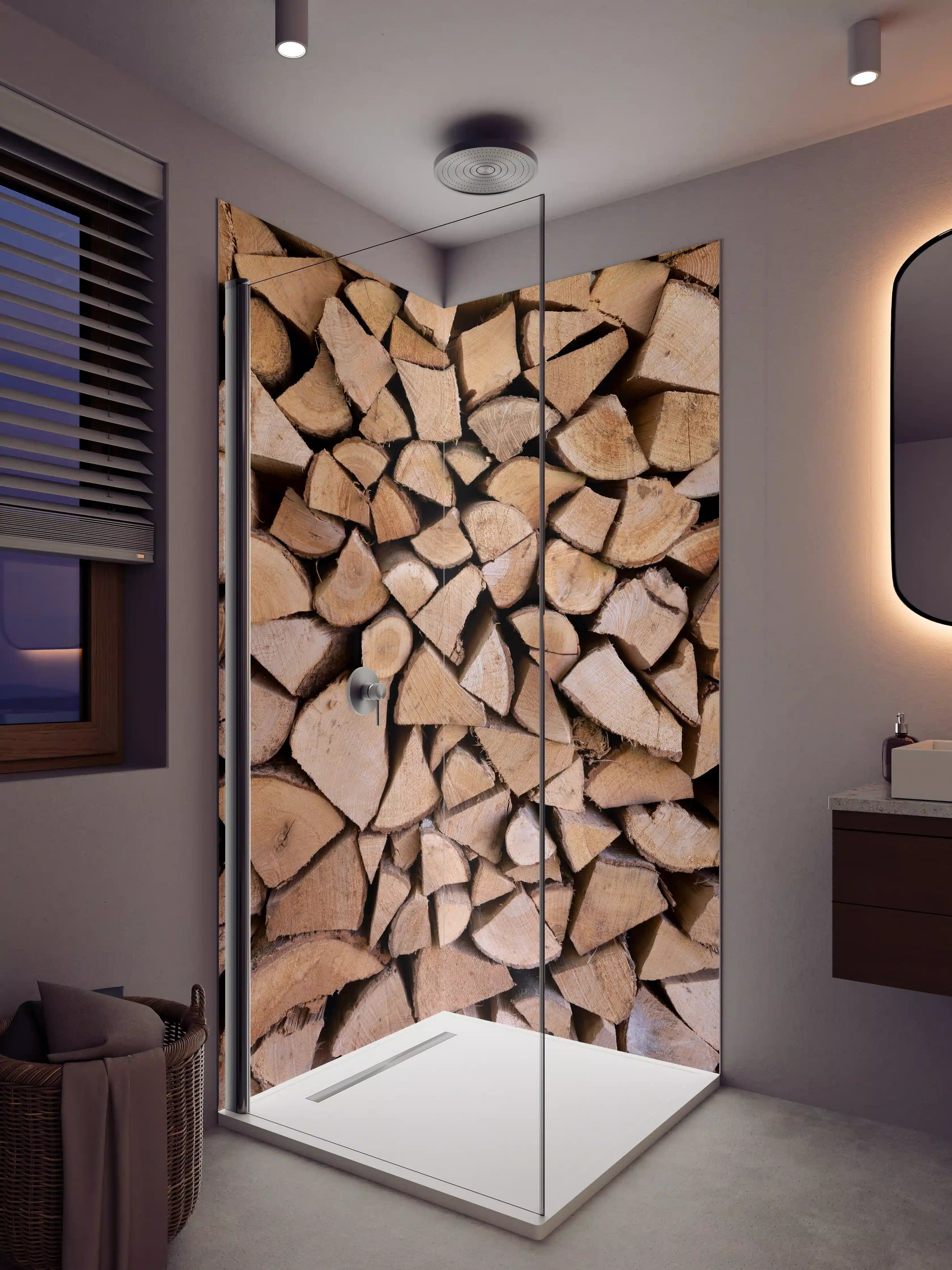 Duschrückwand - Holzstapel in Naturtönen