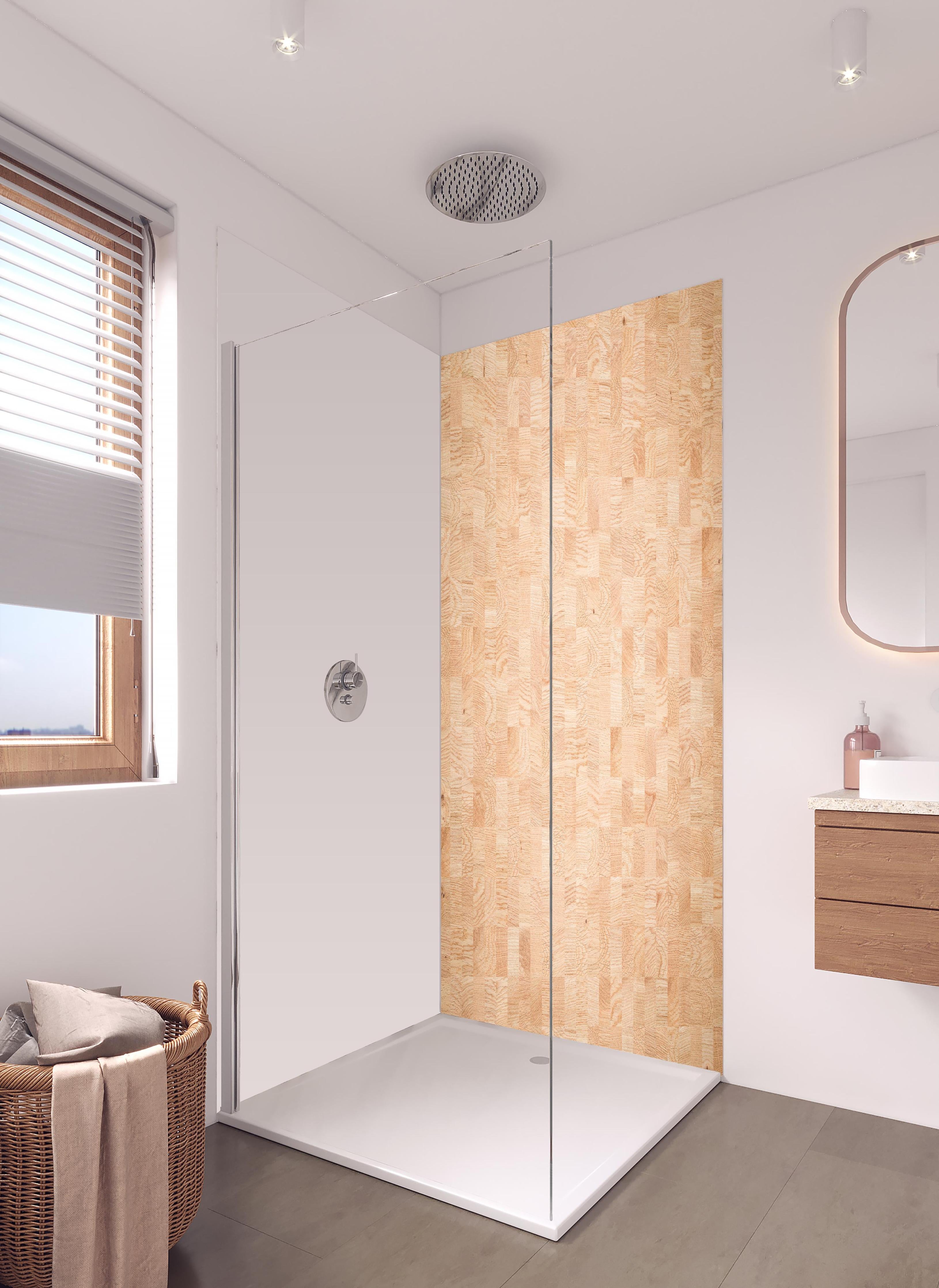 Duschrückwand - Holztextur aus Eschenholz in hellem Badezimmer mit Regenduschkopf - zweiteilige Eck-Duschrückwand