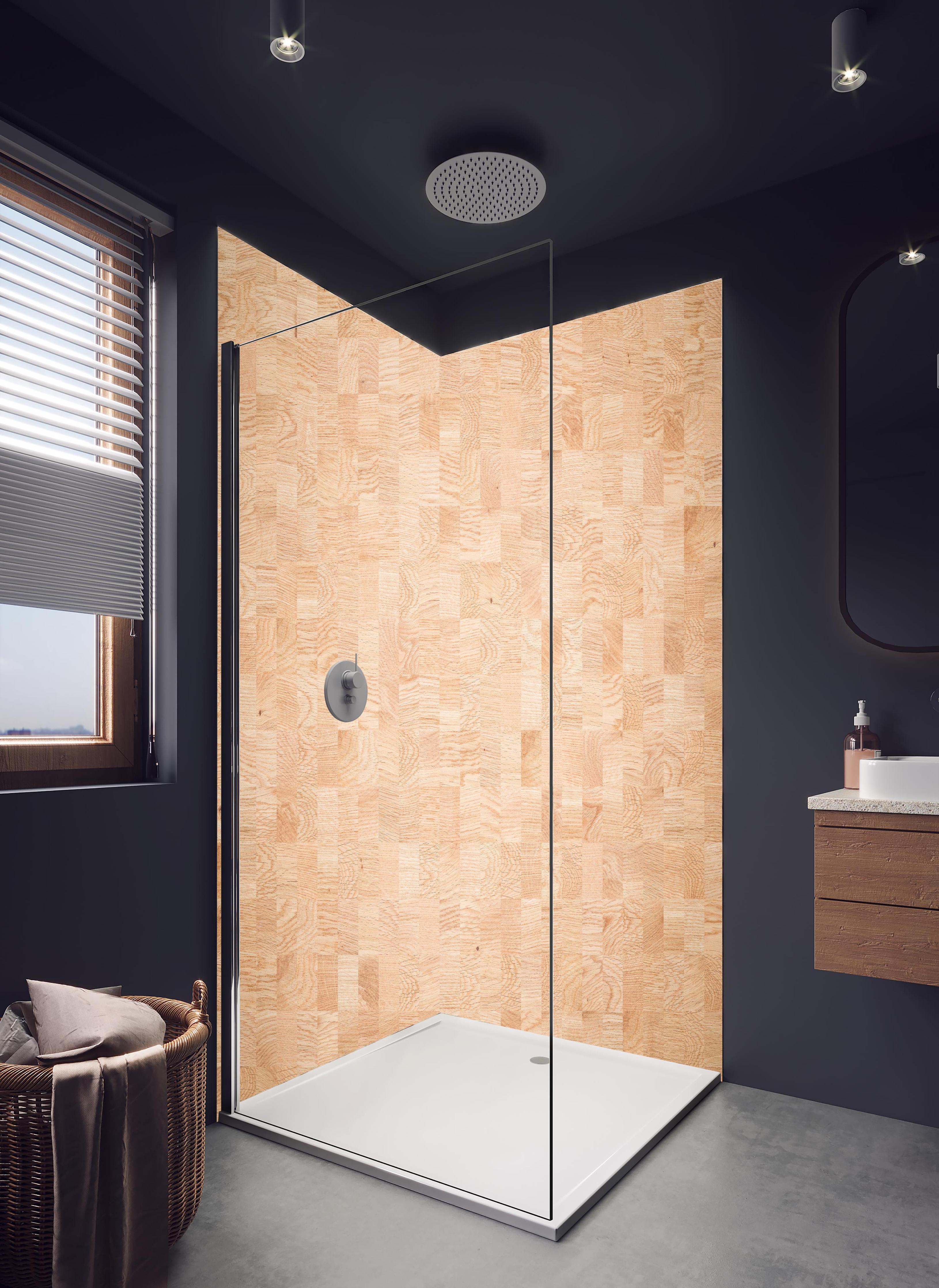 Duschrückwand - Holztextur aus Eschenholz in hellem Badezimmer mit Regenduschkopf - zweiteilige Eck-Duschrückwand