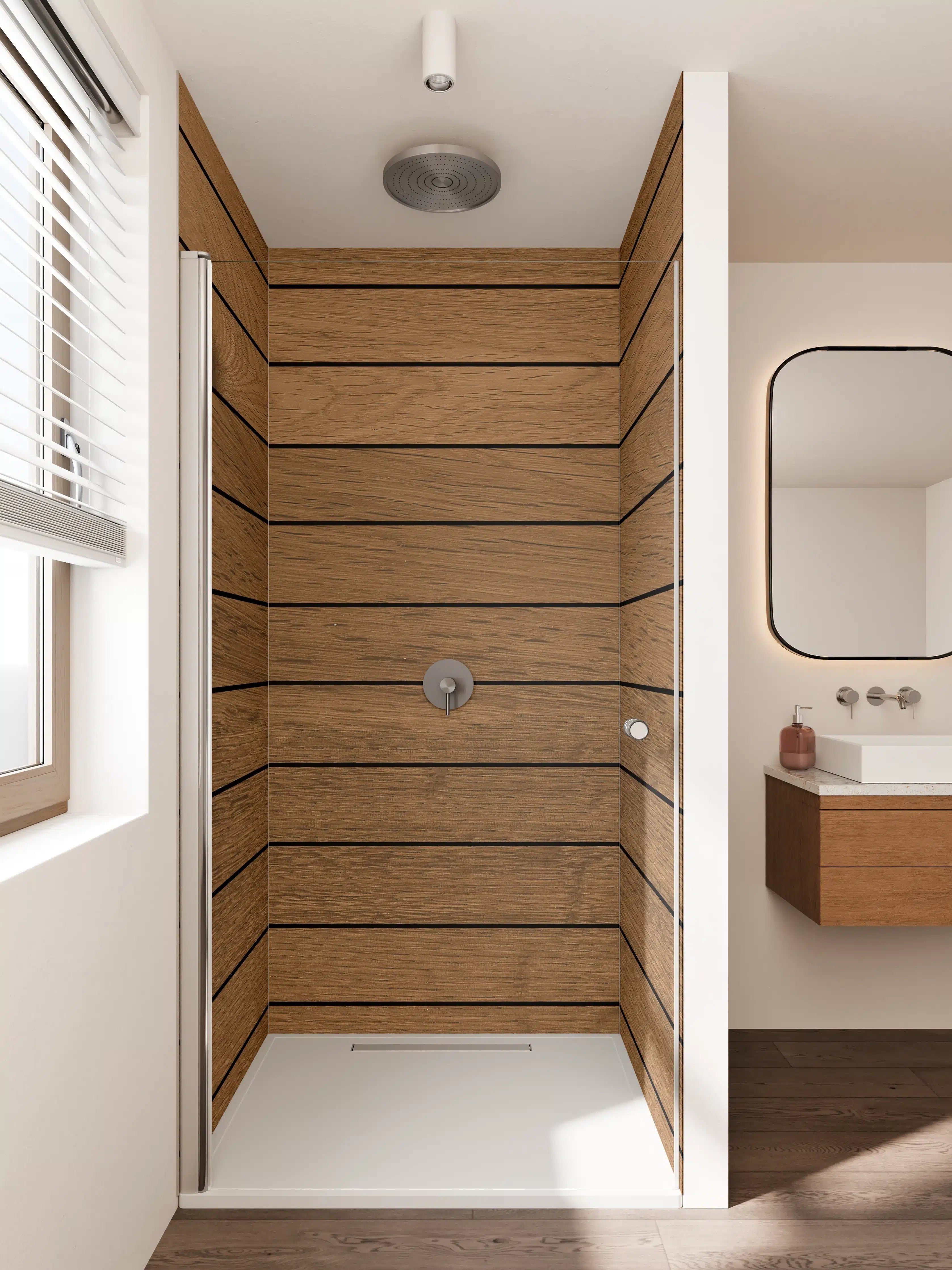 Duschrückwand - Holzverkleidung in warmem Braun mit feiner Maserung