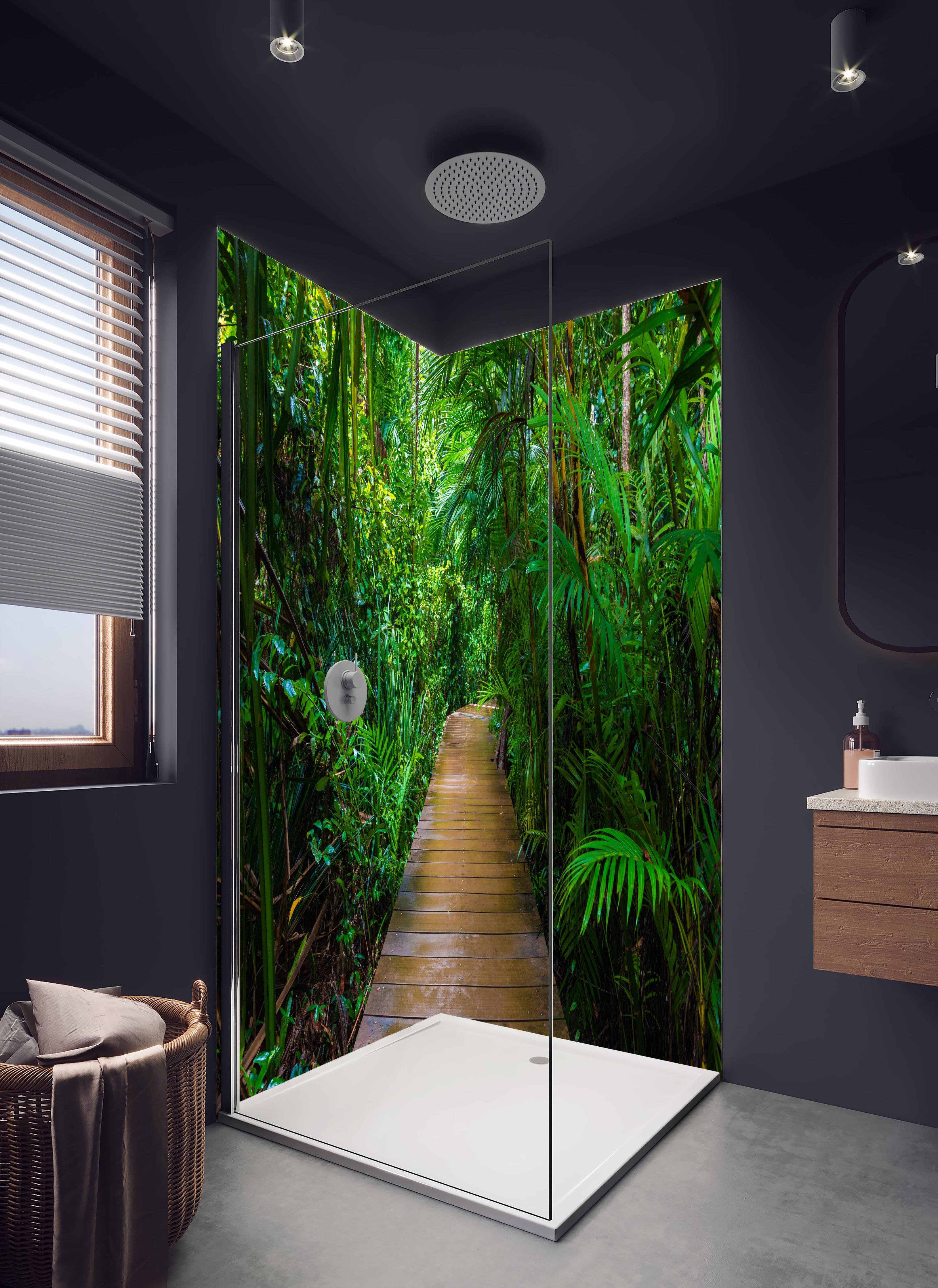 Duschrückwand - Holzweg durch dichten grünen Mangrovenwald in hellem Badezimmer mit Regenduschkopf - zweiteilige Eck-Duschrückwand