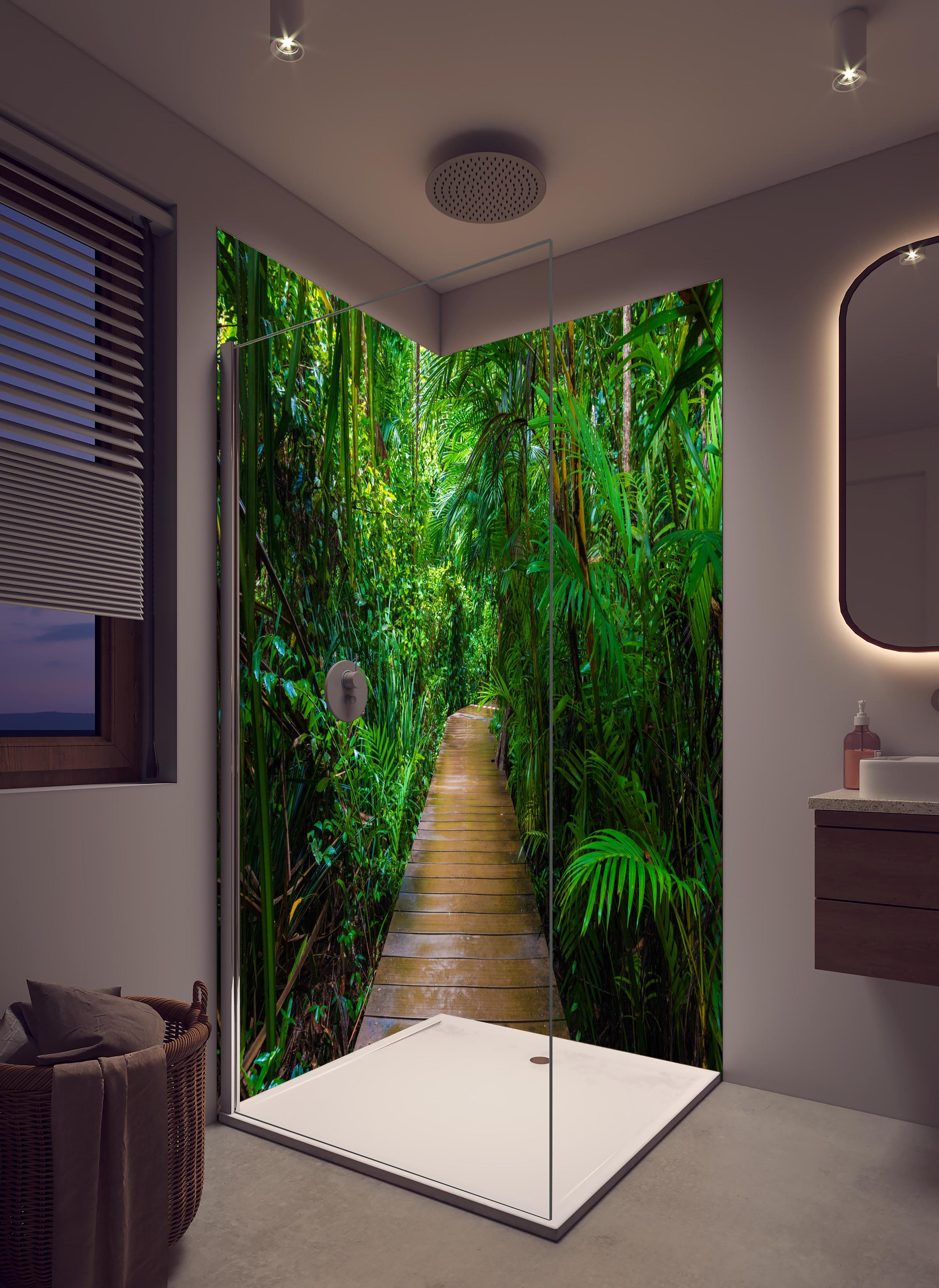 Duschrückwand - Holzweg durch dichten grünen Mangrovenwald in hellem Badezimmer mit Regenduschkopf - zweiteilige Eck-Duschrückwand