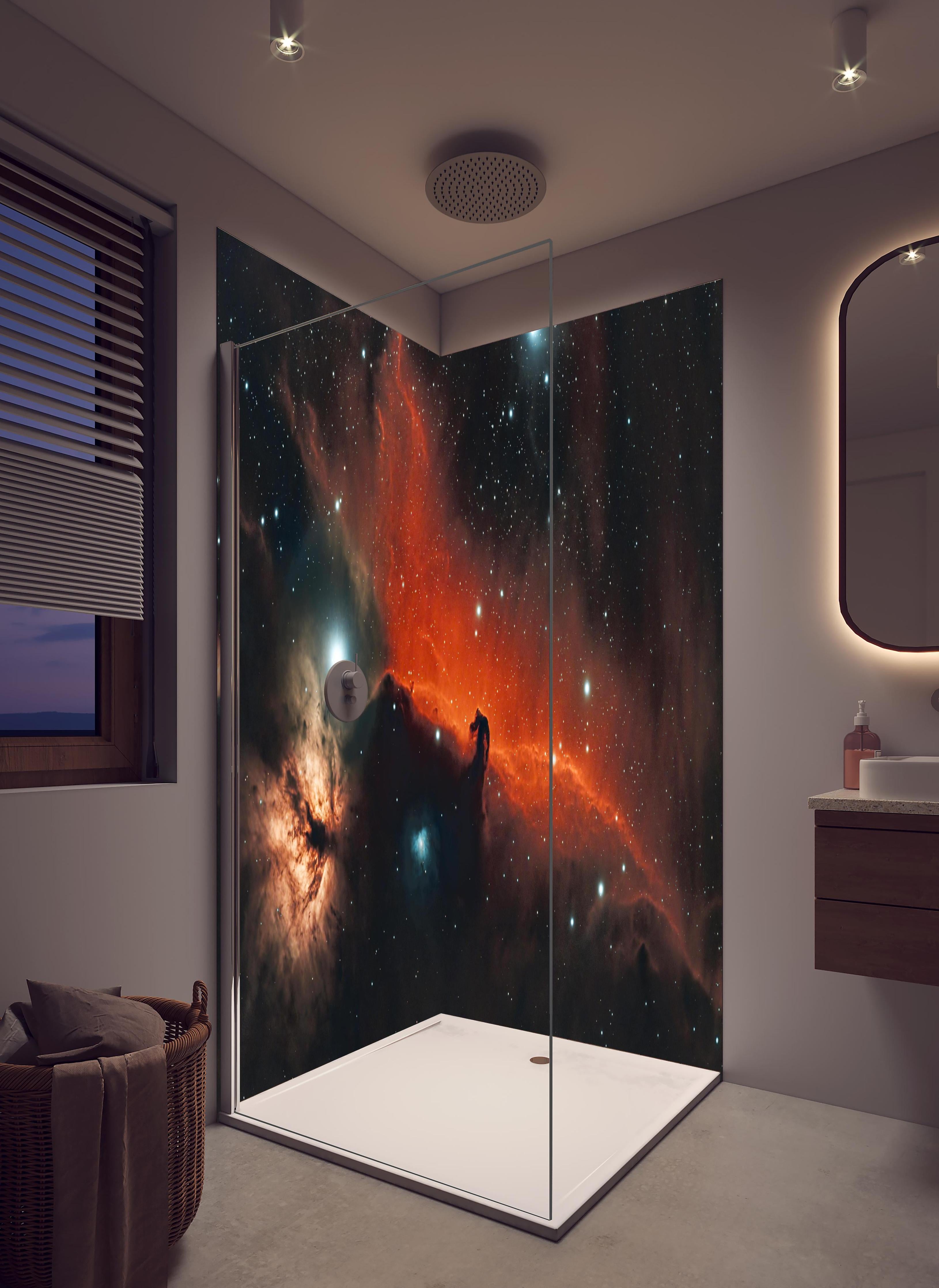 Duschrückwand - Horsehead amd Flame Nebula in hellem Badezimmer mit Regenduschkopf - zweiteilige Eck-Duschrückwand