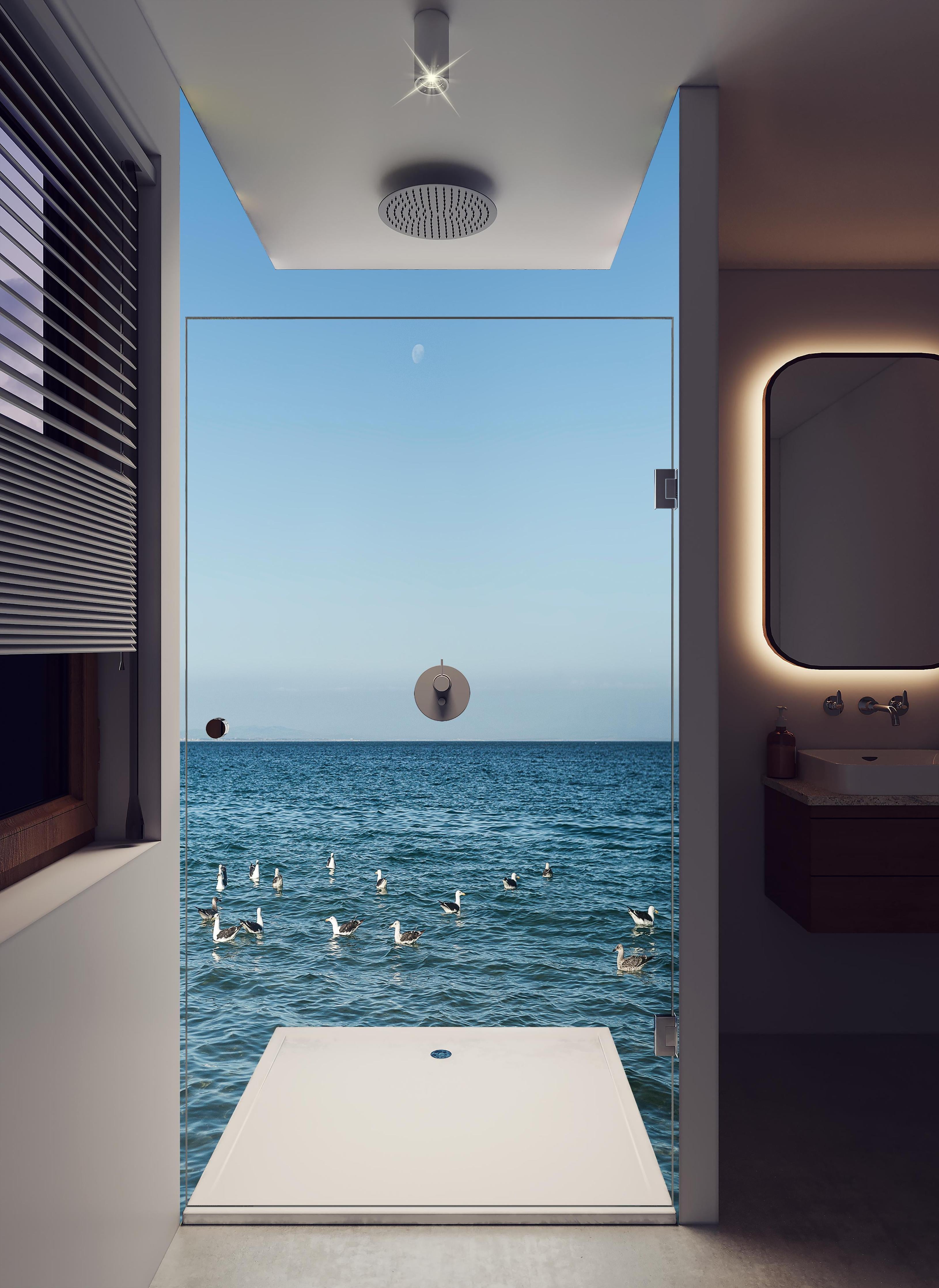 Duschrückwand - Idyllic Seashore with Flock of Birds in hellem Badezimmer mit Regenduschkopf - zweiteilige Eck-Duschrückwand