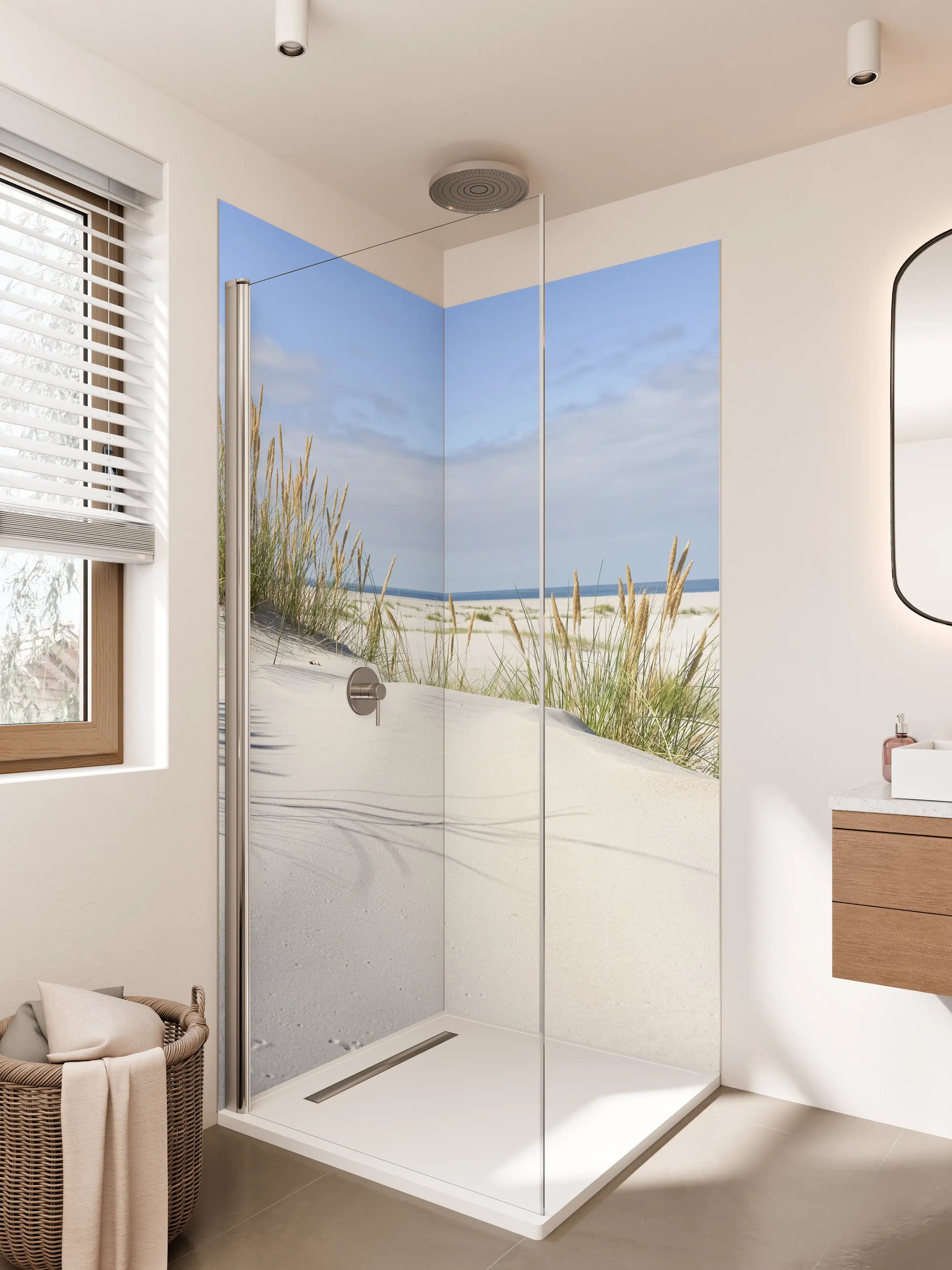 Duschrückwand - Idyllische Dünenlandschaft mit Meerblick