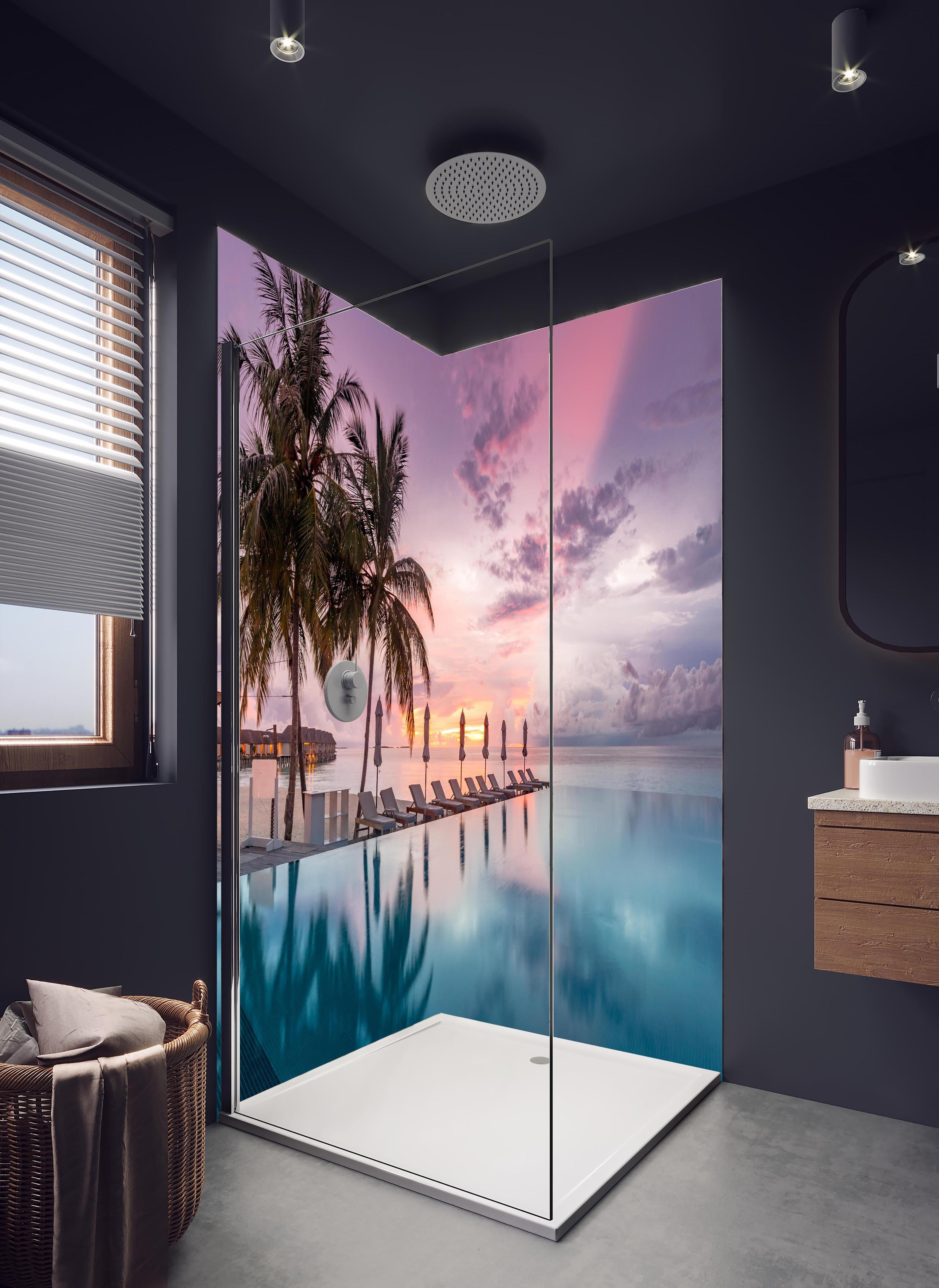 Duschrückwand - Idyllische bunte Strandszene - Karibik in hellem Badezimmer mit Regenduschkopf - zweiteilige Eck-Duschrückwand