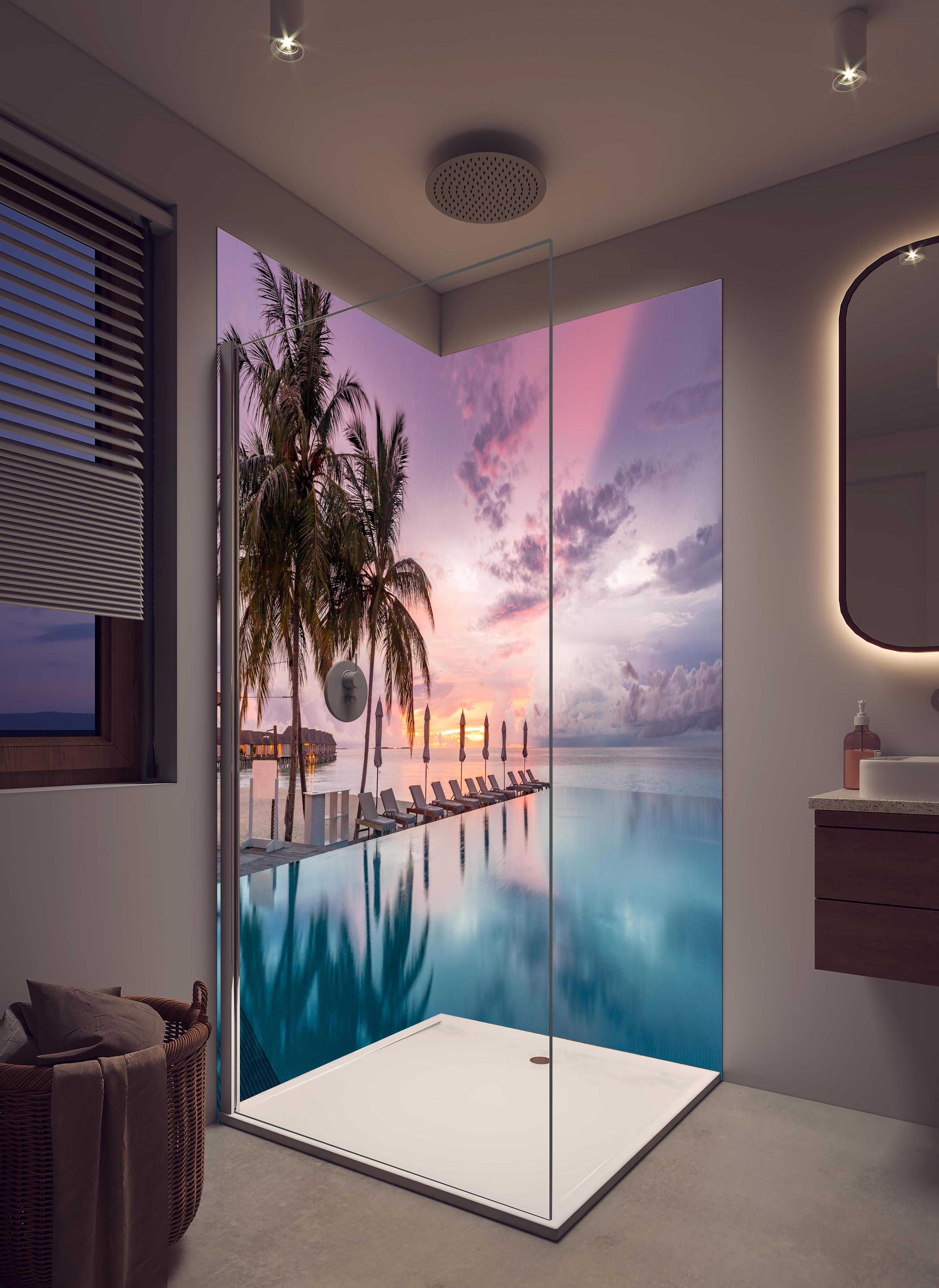 Duschrückwand - Idyllische bunte Strandszene - Karibik in hellem Badezimmer mit Regenduschkopf - zweiteilige Eck-Duschrückwand