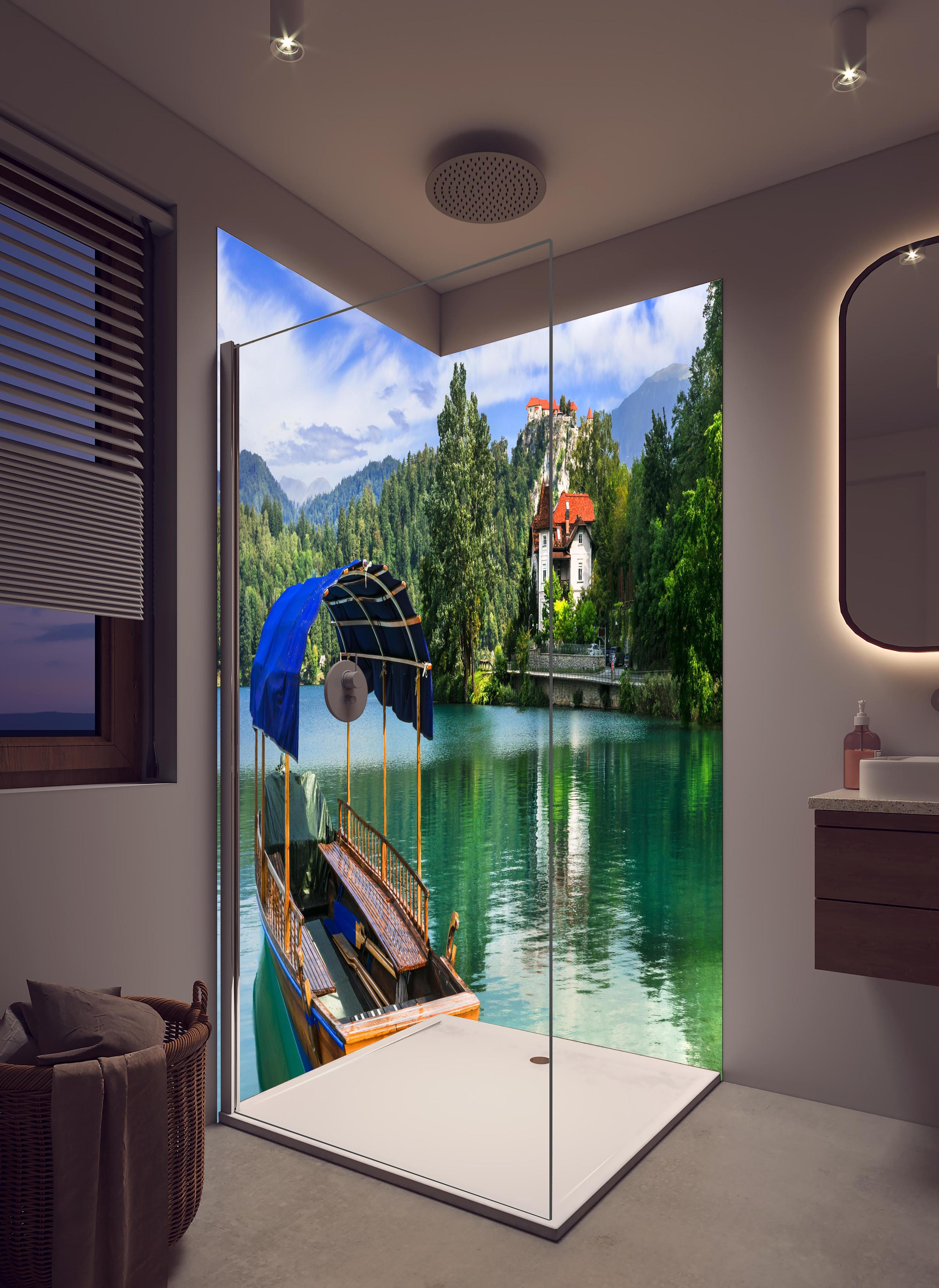 Duschrückwand - Idyllischer Bled See, Holzboot, Slowenien in hellem Badezimmer mit Regenduschkopf - zweiteilige Eck-Duschrückwand