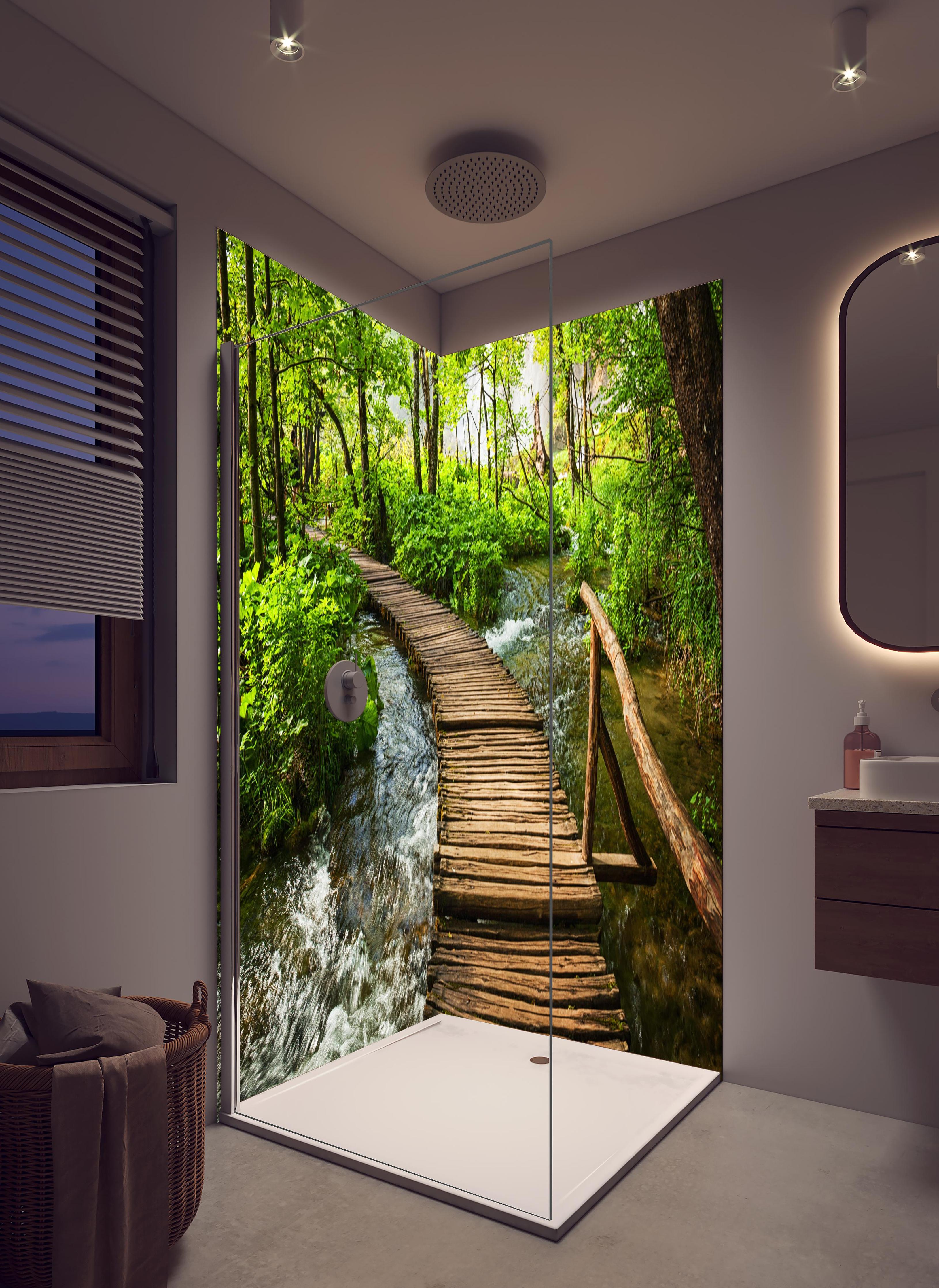 Duschrückwand - Idyllischer Dschungelpfad - Kroatien in hellem Badezimmer mit Regenduschkopf - zweiteilige Eck-Duschrückwand