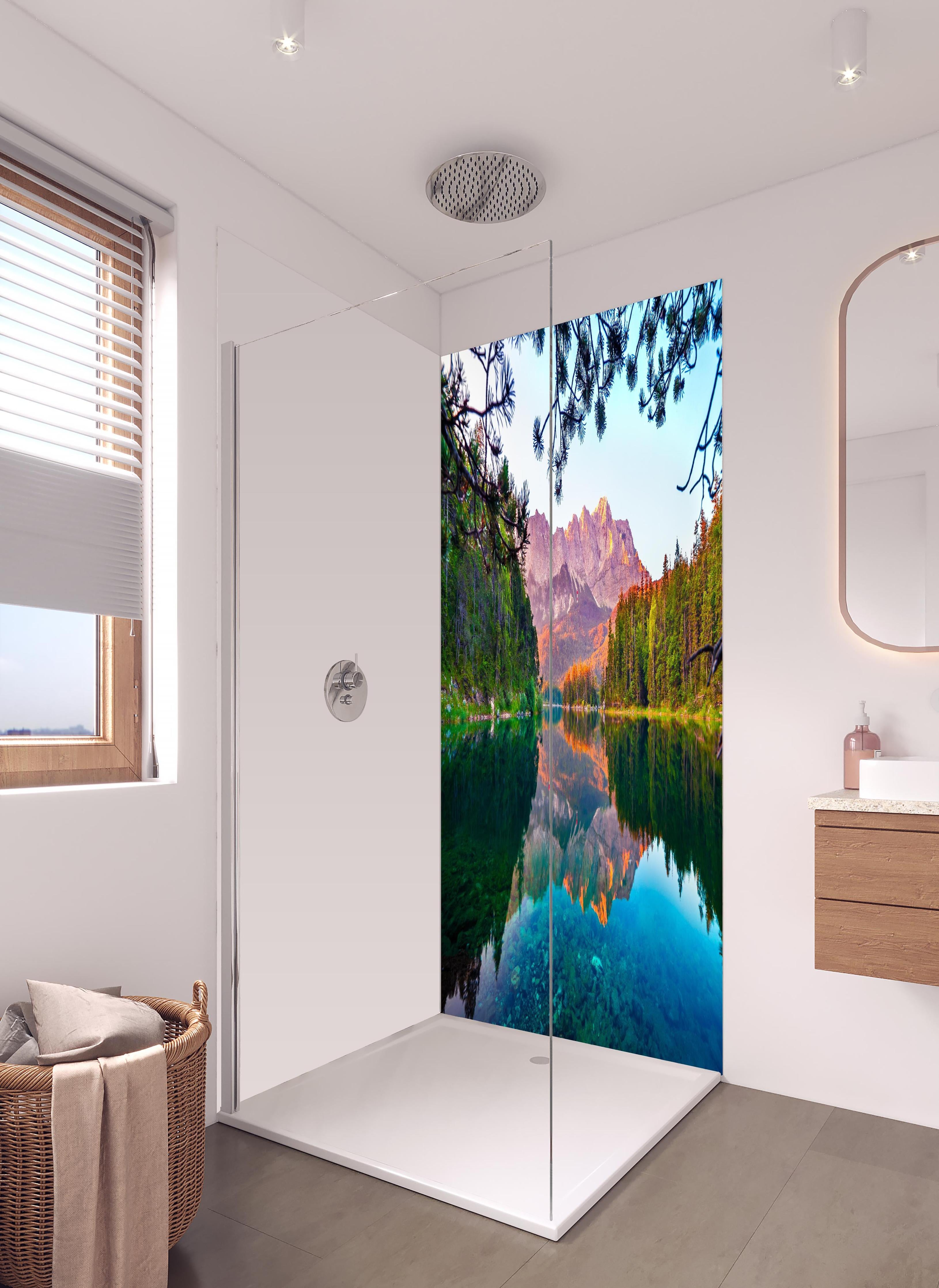 Duschrückwand - Idyllischer Sommermorgen am Eibsee in hellem Badezimmer mit Regenduschkopf - zweiteilige Eck-Duschrückwand
