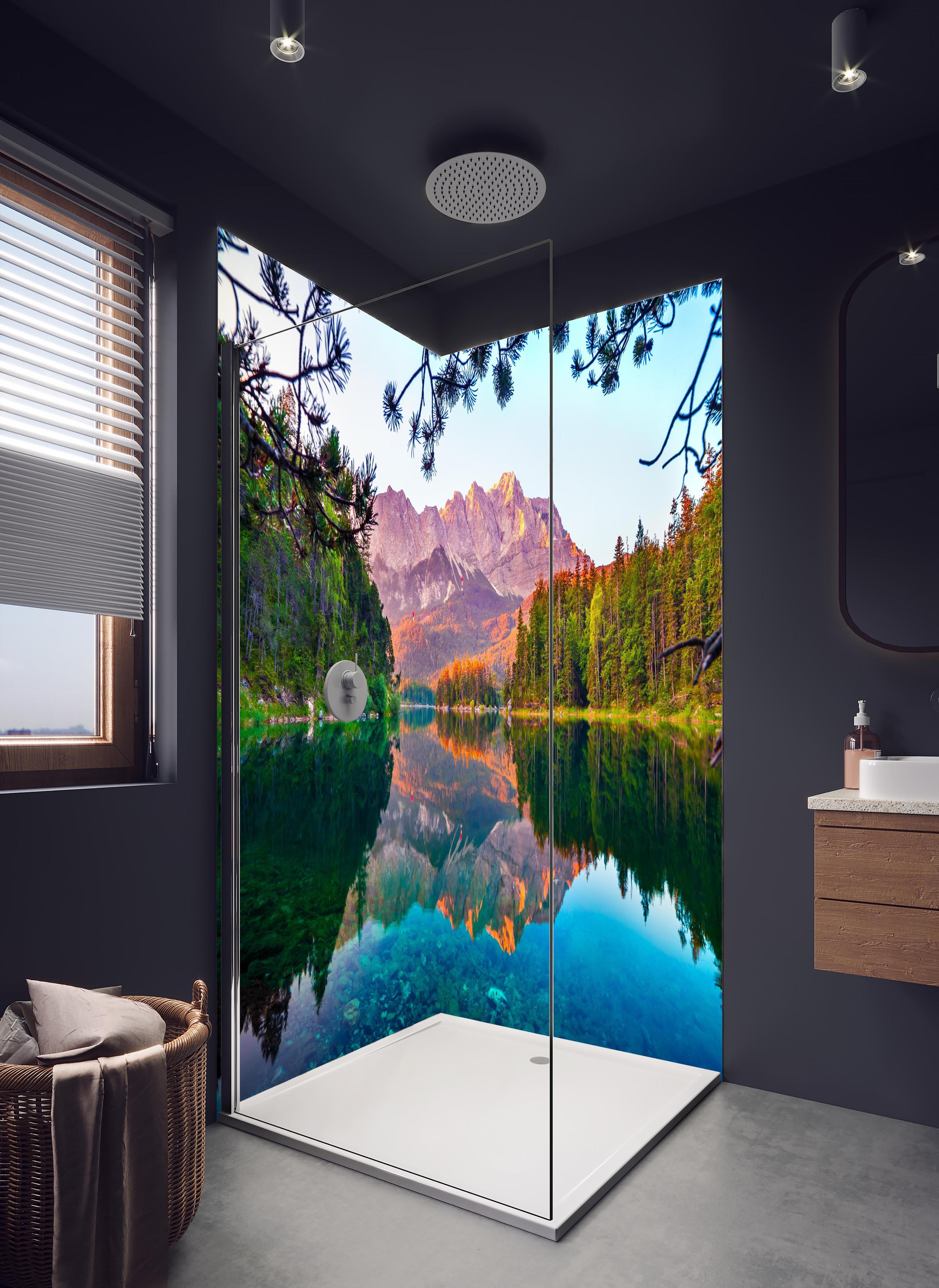 Duschrückwand - Idyllischer Sommermorgen am Eibsee in hellem Badezimmer mit Regenduschkopf - zweiteilige Eck-Duschrückwand