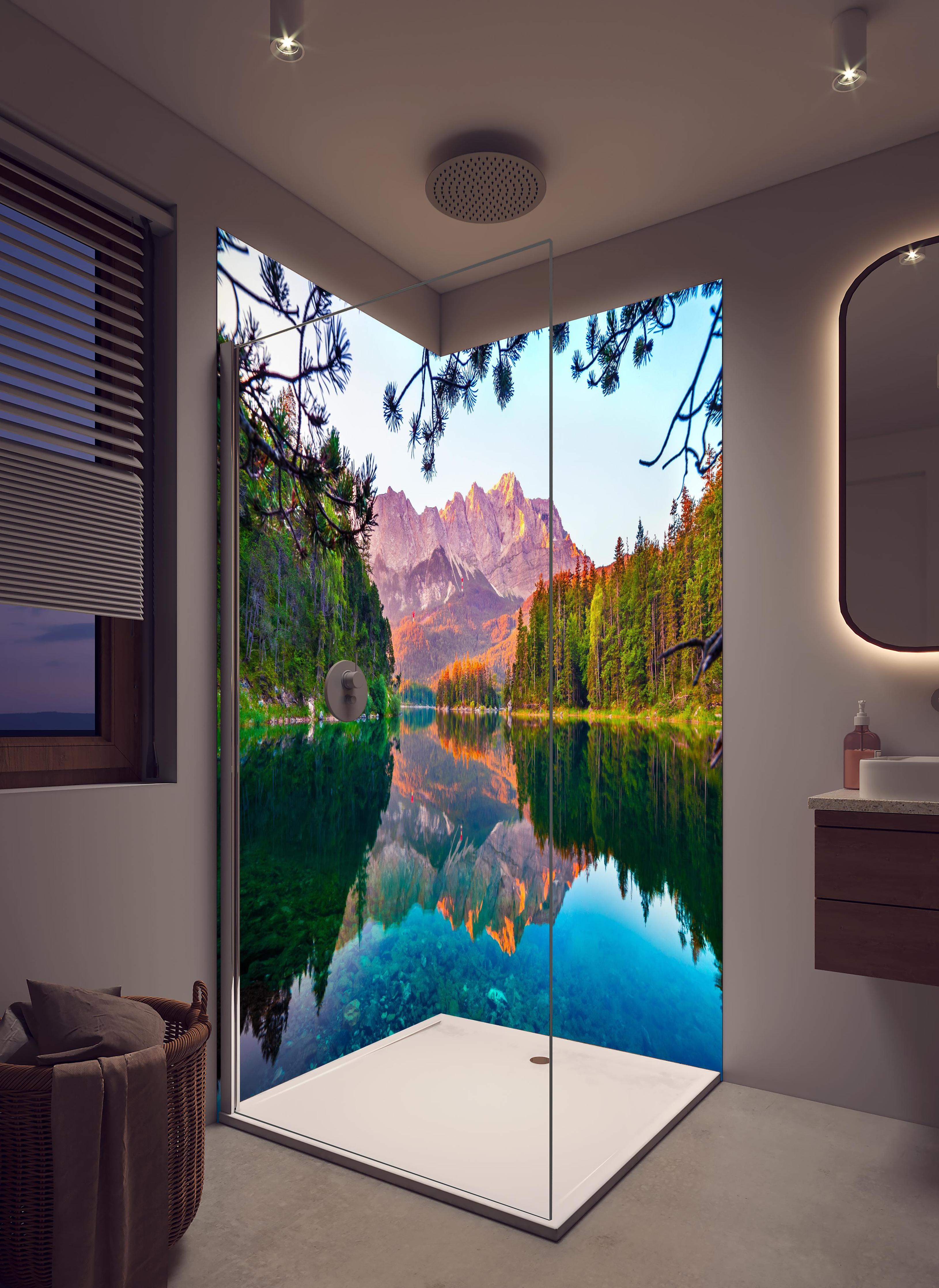 Duschrückwand - Idyllischer Sommermorgen am Eibsee in hellem Badezimmer mit Regenduschkopf - zweiteilige Eck-Duschrückwand