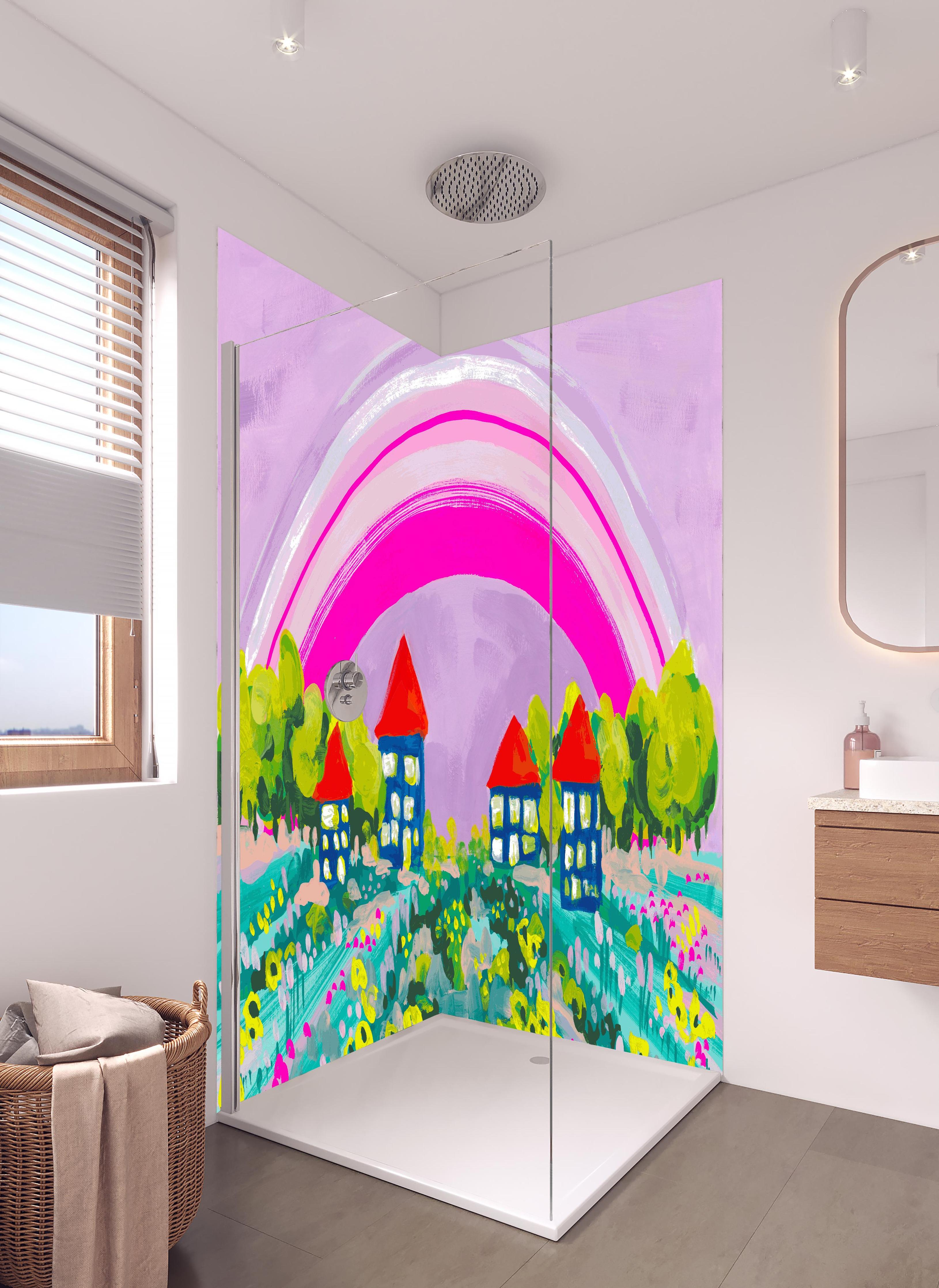 Duschrückwand - Idyllisches Dorf unter Regenbogen Aquarellbild in hellem Badezimmer mit Regenduschkopf - zweiteilige Eck-Duschrückwand