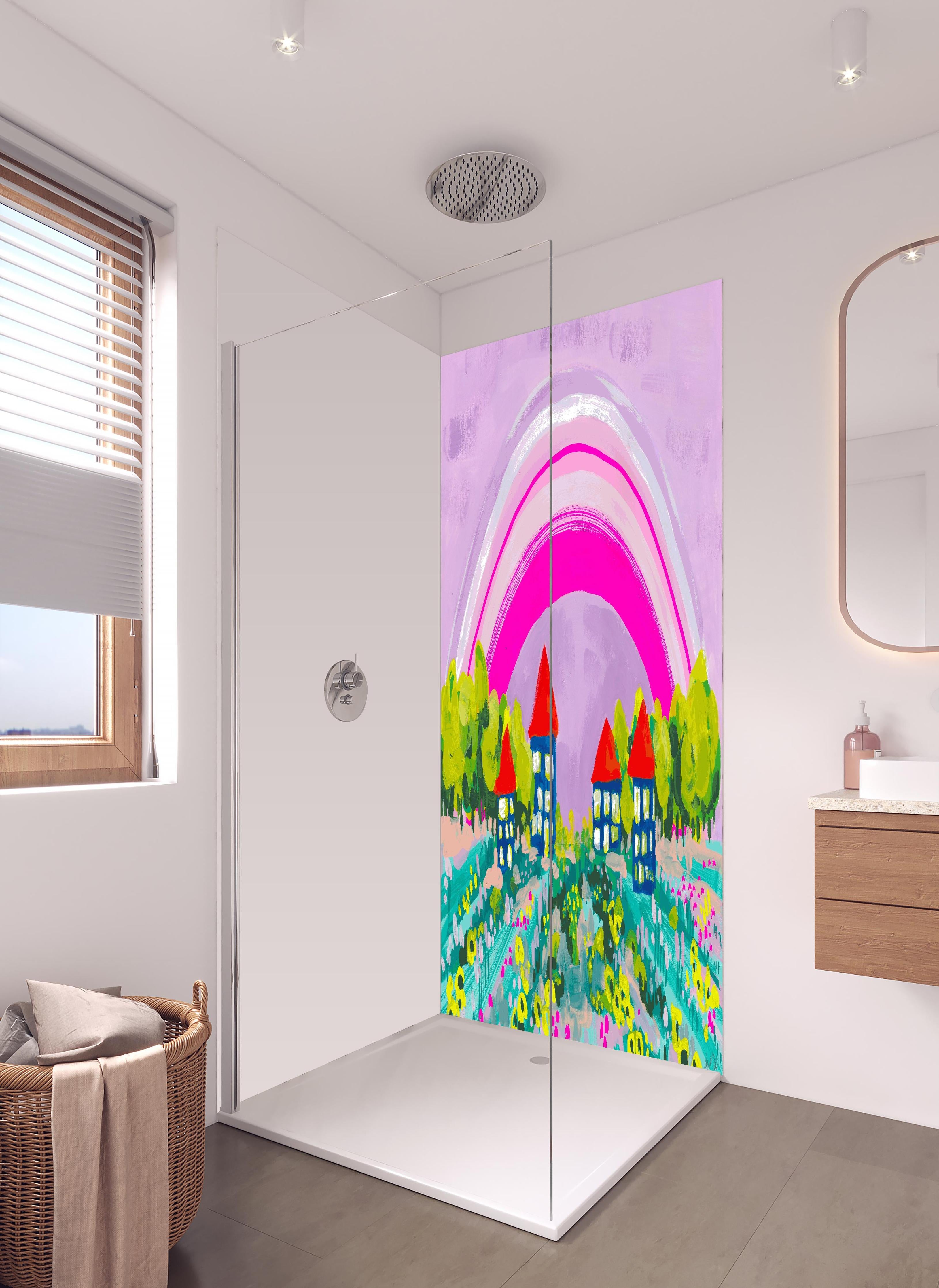 Duschrückwand - Idyllisches Dorf unter Regenbogen Aquarellbild in hellem Badezimmer mit Regenduschkopf - zweiteilige Eck-Duschrückwand