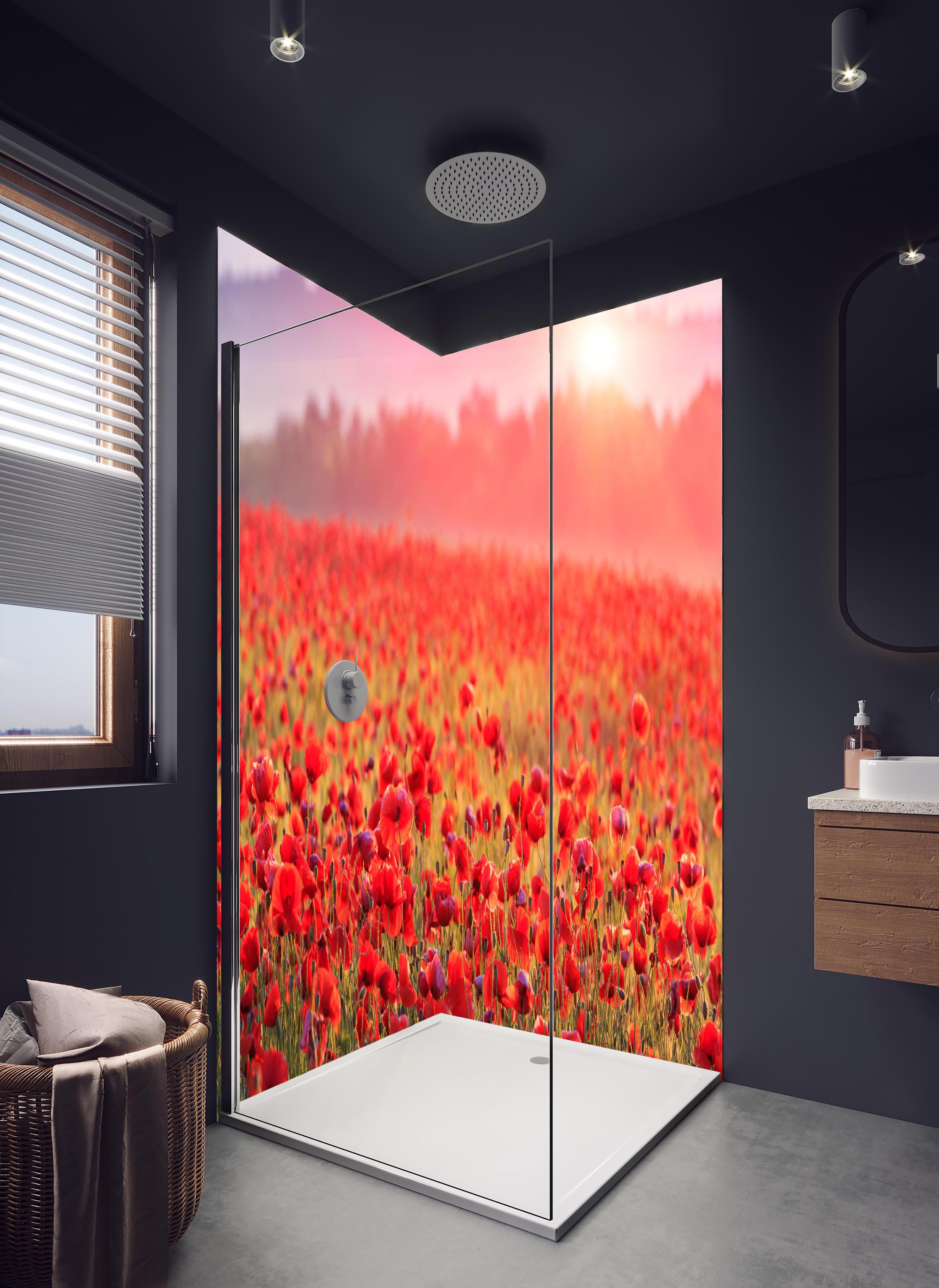 Duschrückwand - Idyllisches Mohnfeld bei Sonnenuntergang in hellem Badezimmer mit Regenduschkopf - zweiteilige Eck-Duschrückwand