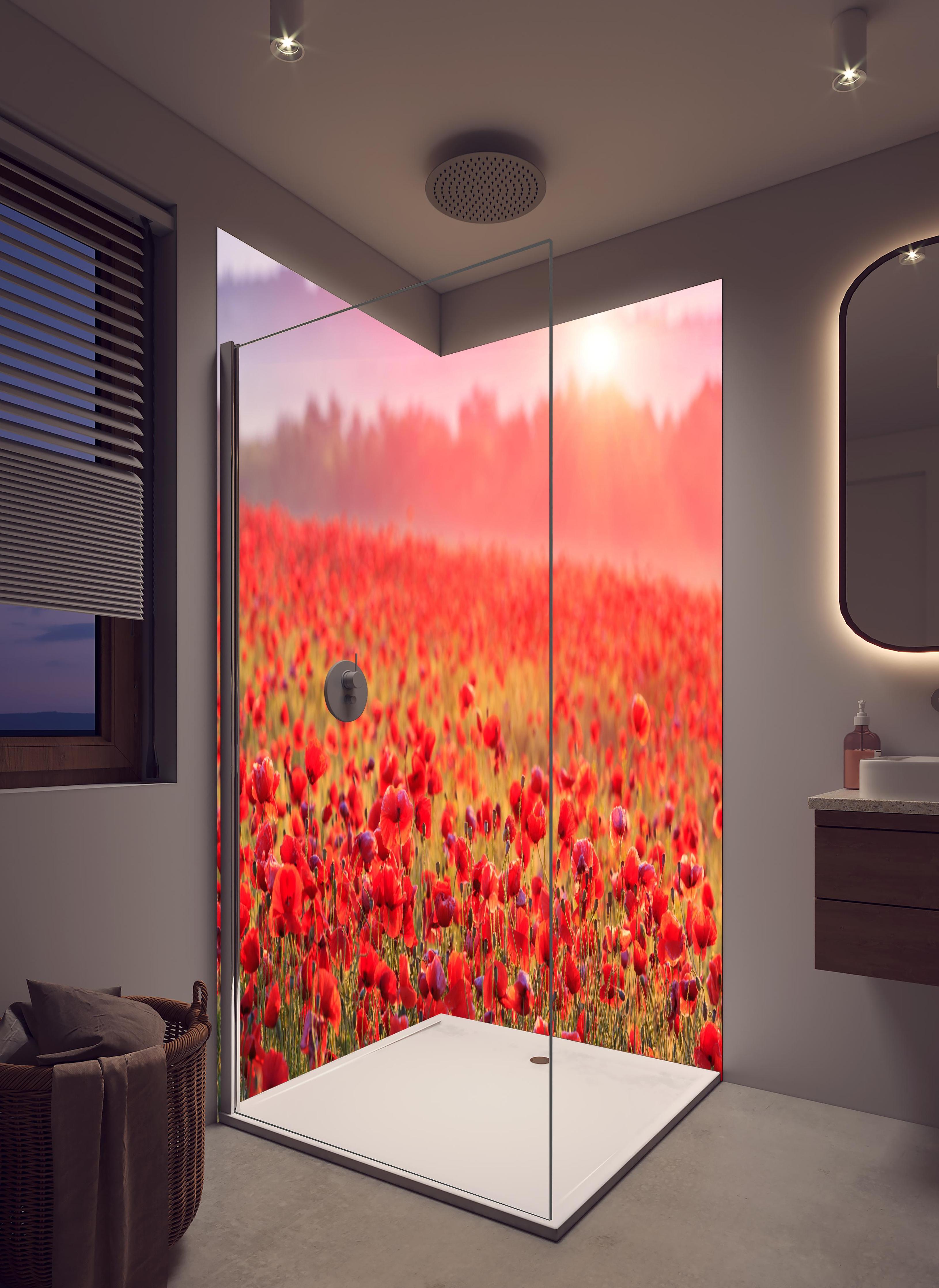 Duschrückwand - Idyllisches Mohnfeld bei Sonnenuntergang in hellem Badezimmer mit Regenduschkopf - zweiteilige Eck-Duschrückwand