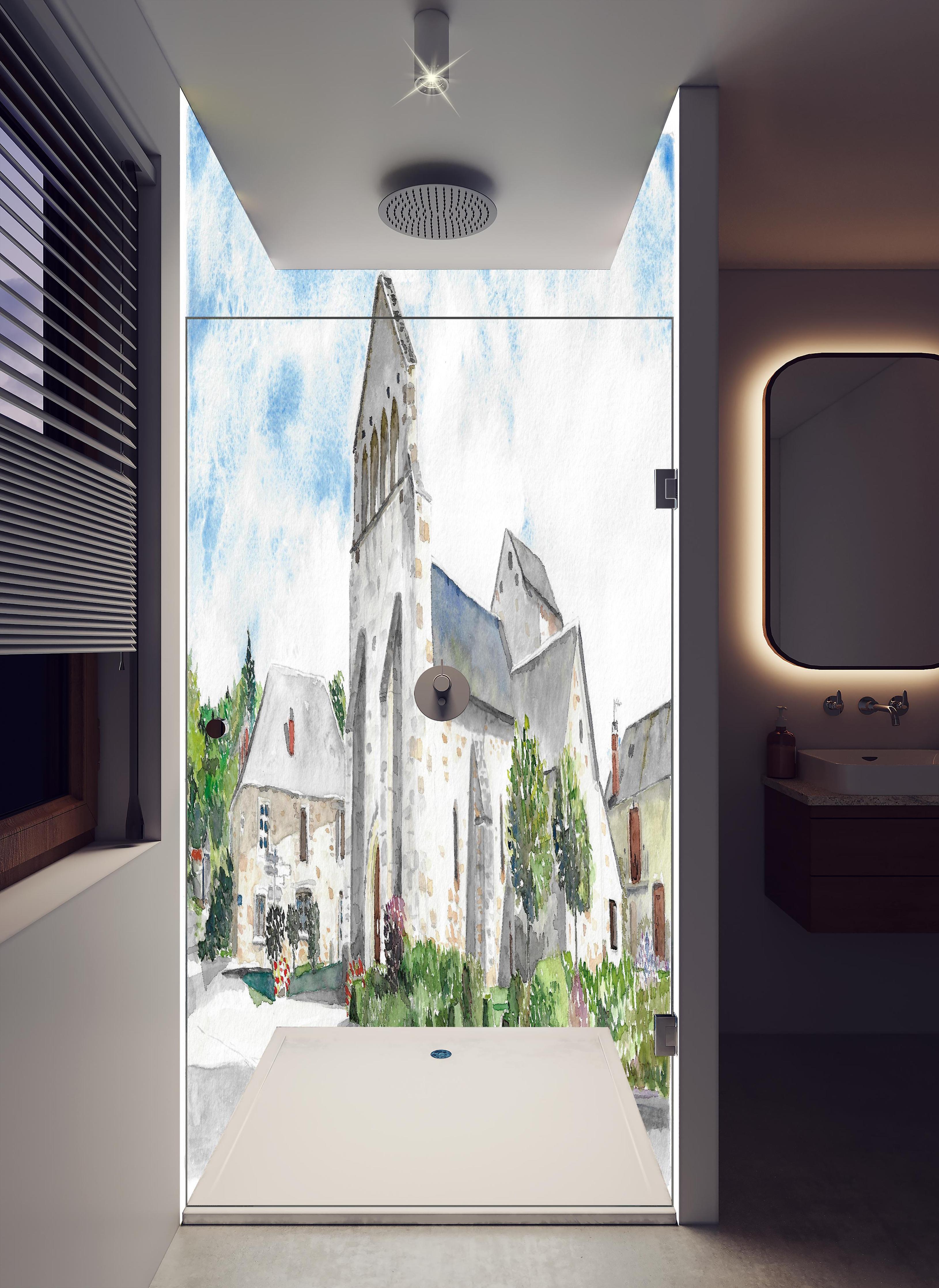 Duschrückwand - Idyllisches französisches Dorf in hellem Badezimmer mit Regenduschkopf - zweiteilige Eck-Duschrückwand
