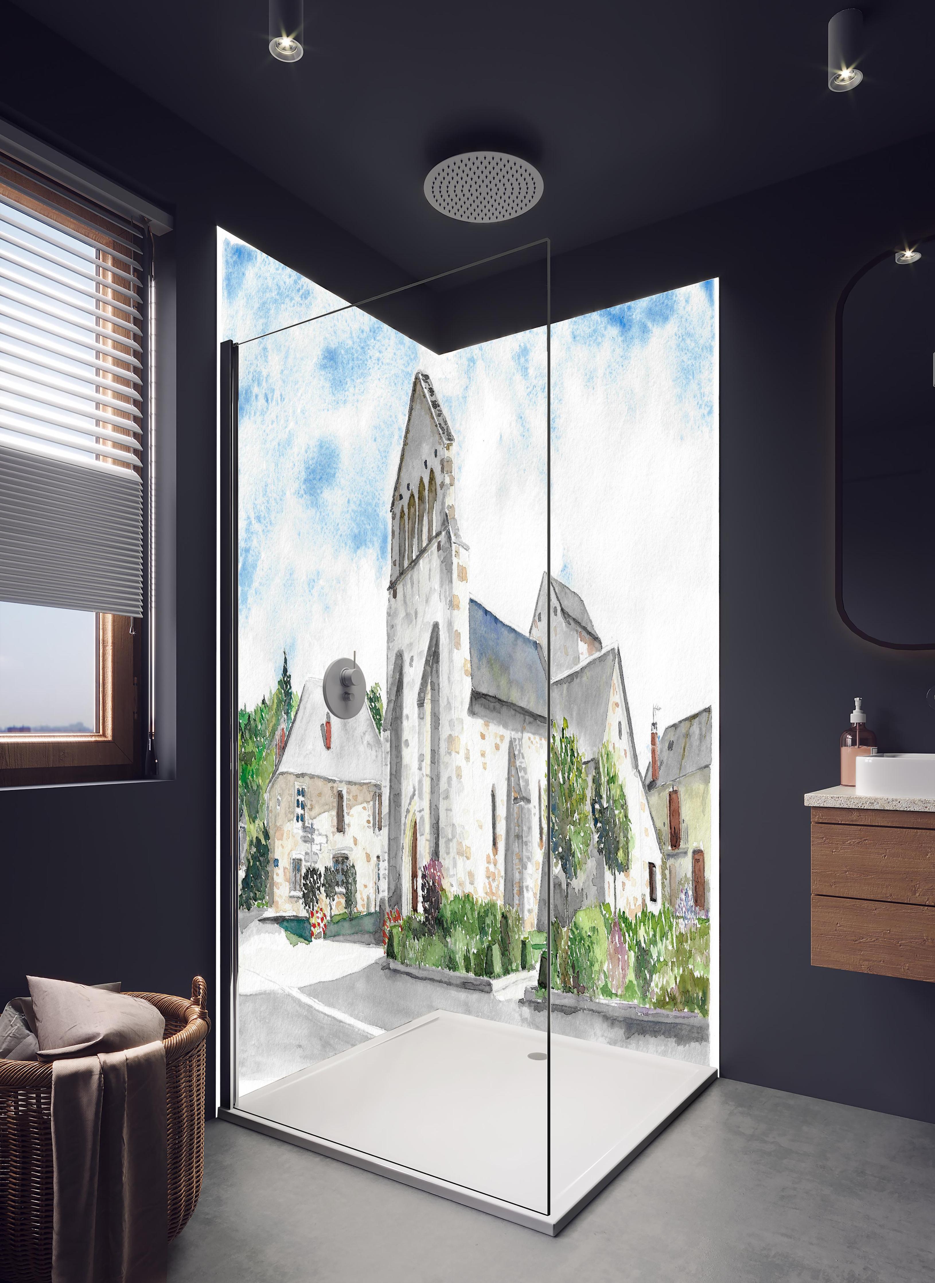 Duschrückwand - Idyllisches französisches Dorf in hellem Badezimmer mit Regenduschkopf - zweiteilige Eck-Duschrückwand