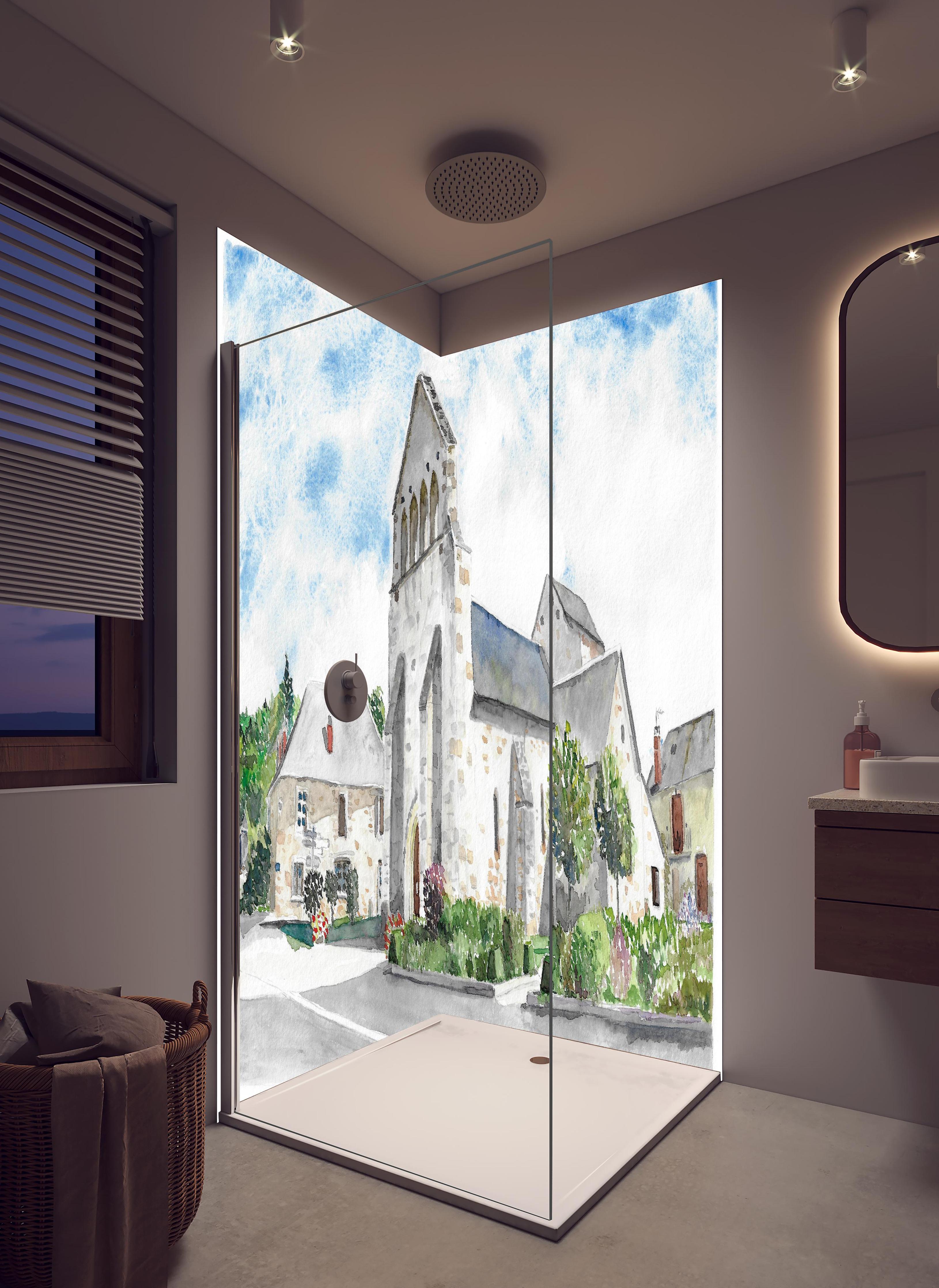 Duschrückwand - Idyllisches französisches Dorf in hellem Badezimmer mit Regenduschkopf - zweiteilige Eck-Duschrückwand