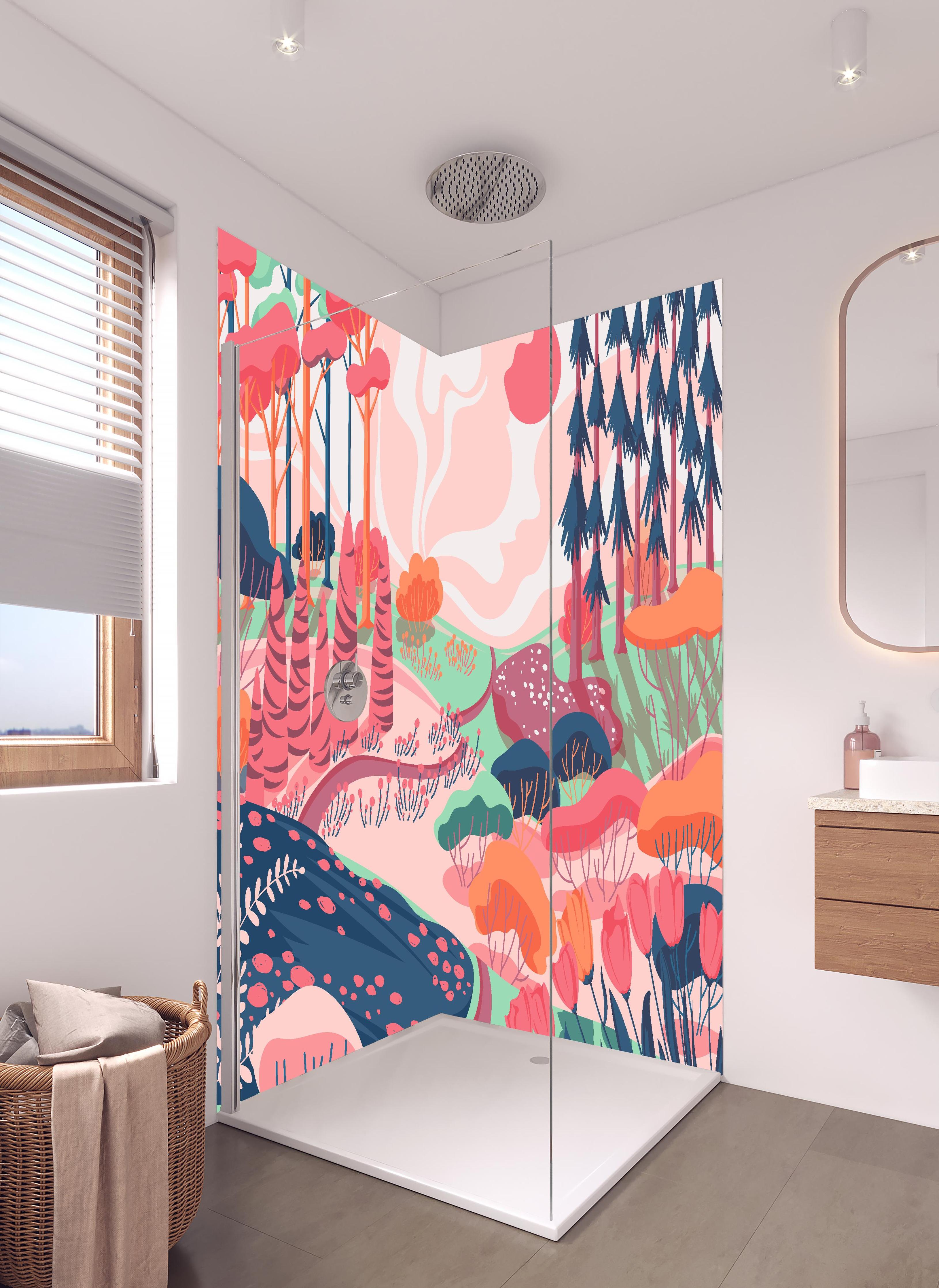 Duschrückwand - Illustrative Waldszene in Pastellfarbtönen in hellem Badezimmer mit Regenduschkopf - zweiteilige Eck-Duschrückwand