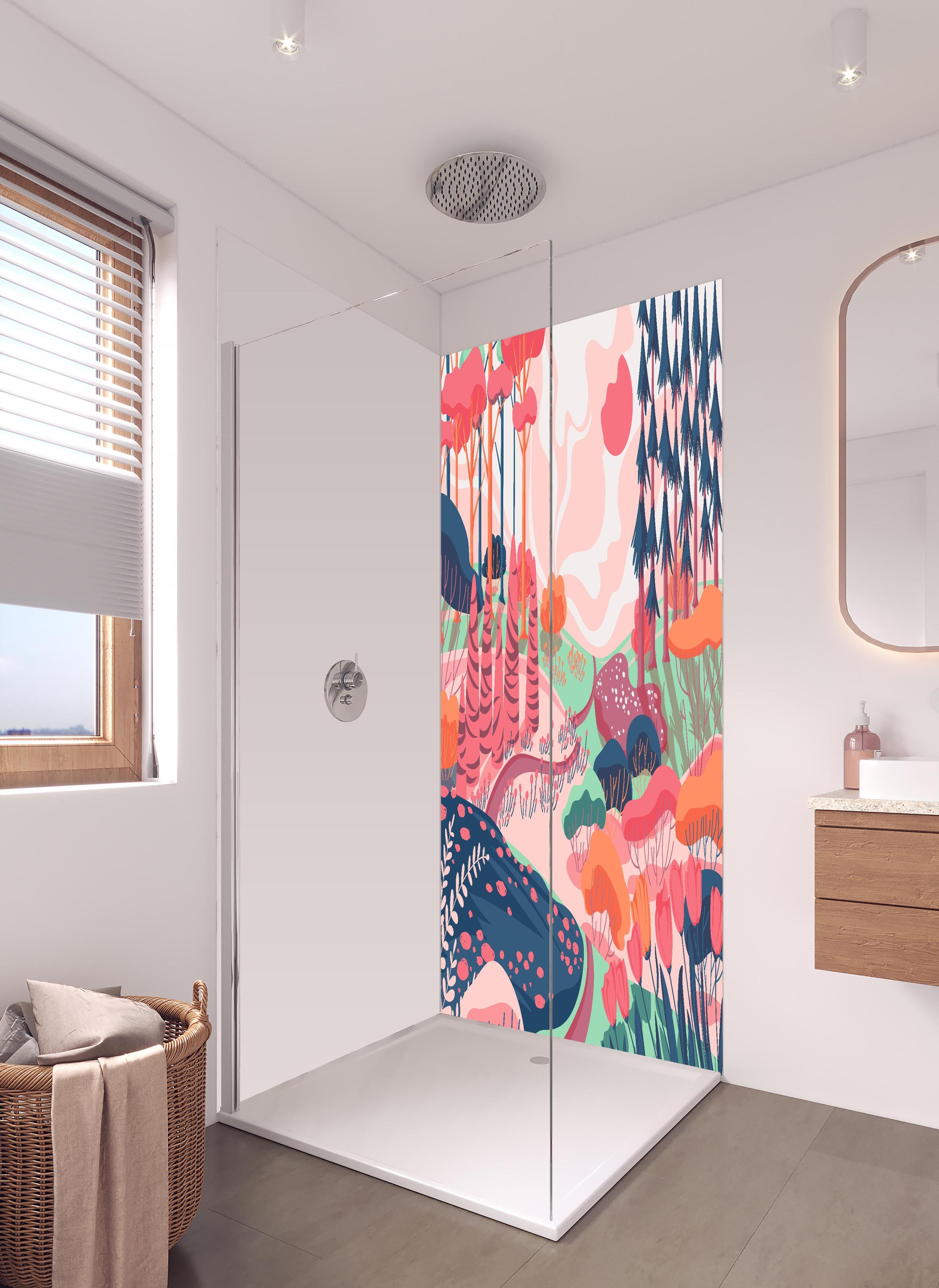 Duschrückwand - Illustrative Waldszene in Pastellfarbtönen in hellem Badezimmer mit Regenduschkopf - zweiteilige Eck-Duschrückwand