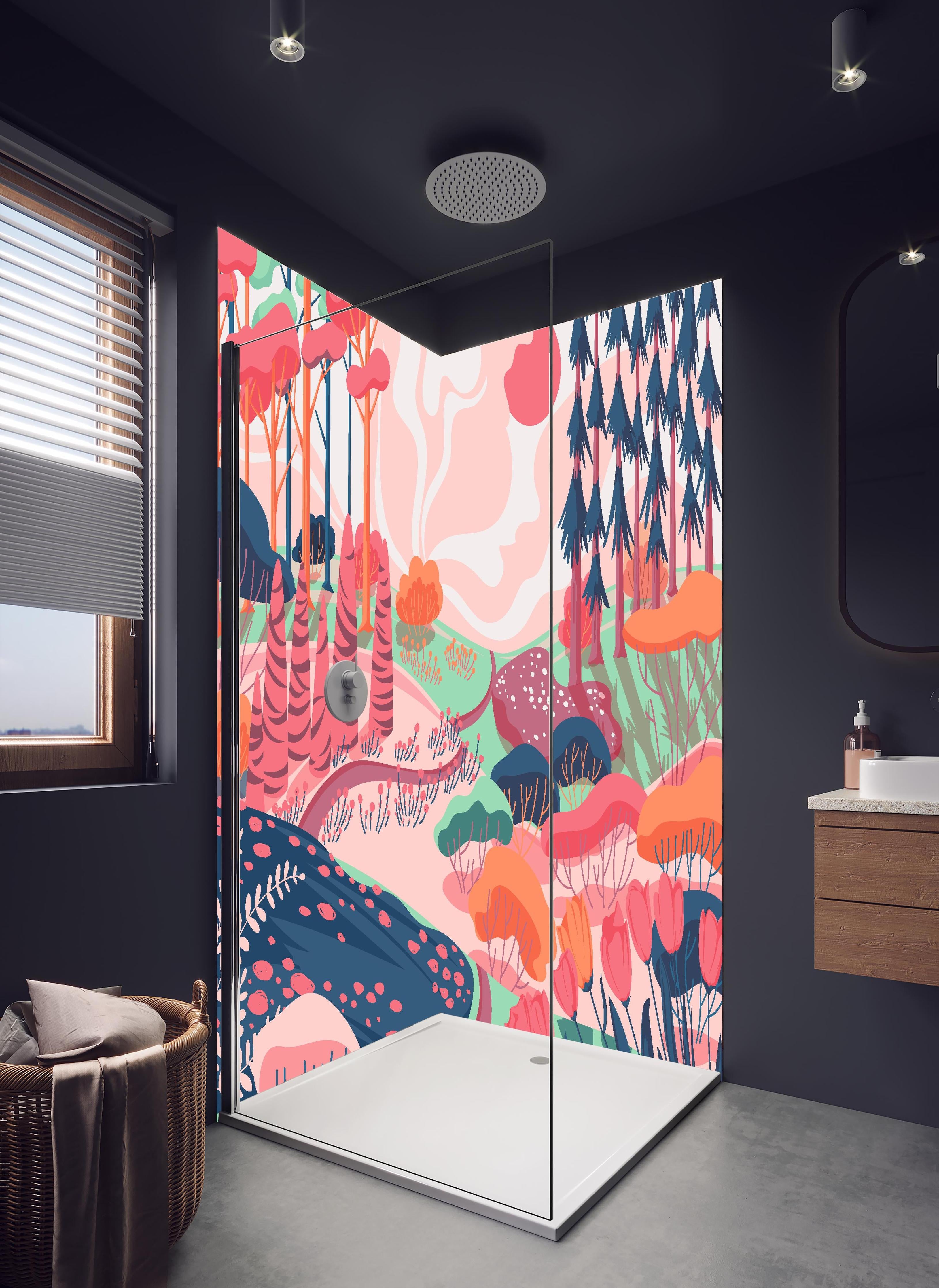 Duschrückwand - Illustrative Waldszene in Pastellfarbtönen in hellem Badezimmer mit Regenduschkopf - zweiteilige Eck-Duschrückwand
