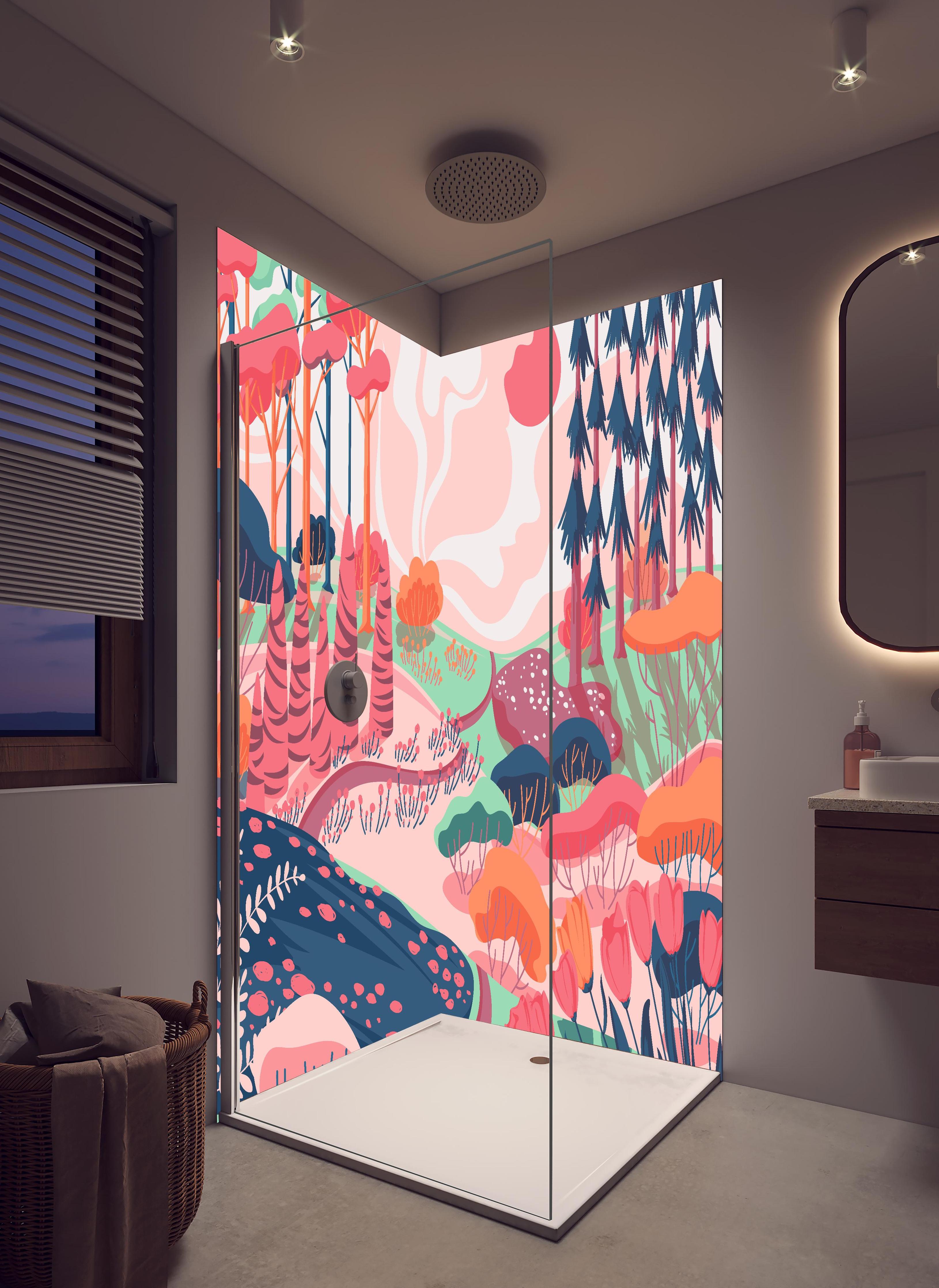 Duschrückwand - Illustrative Waldszene in Pastellfarbtönen in hellem Badezimmer mit Regenduschkopf - zweiteilige Eck-Duschrückwand