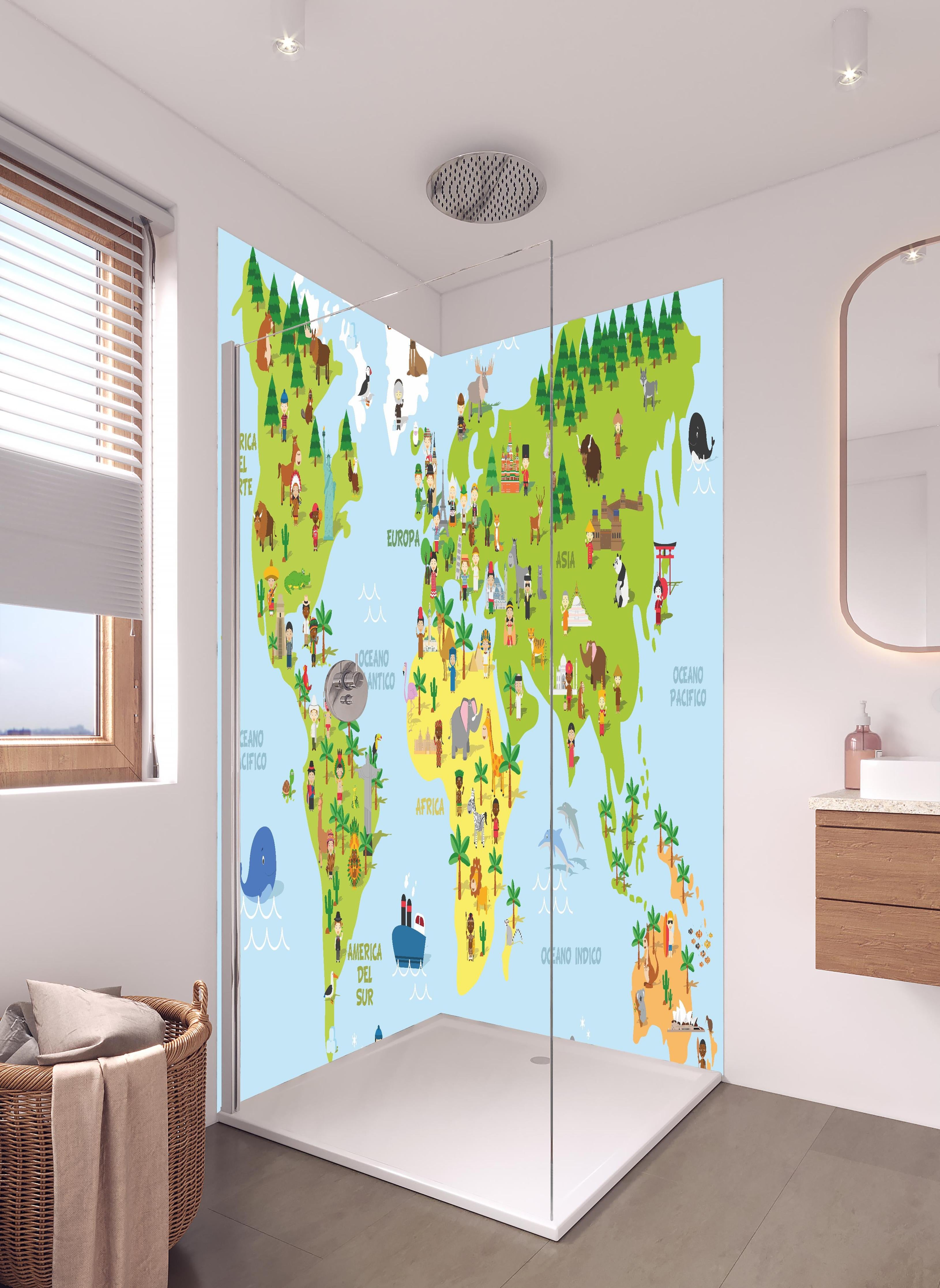 Duschrückwand - Illustrative Weltkarte für Kinder Lernspielzeug in hellem Badezimmer mit Regenduschkopf - zweiteilige Eck-Duschrückwand