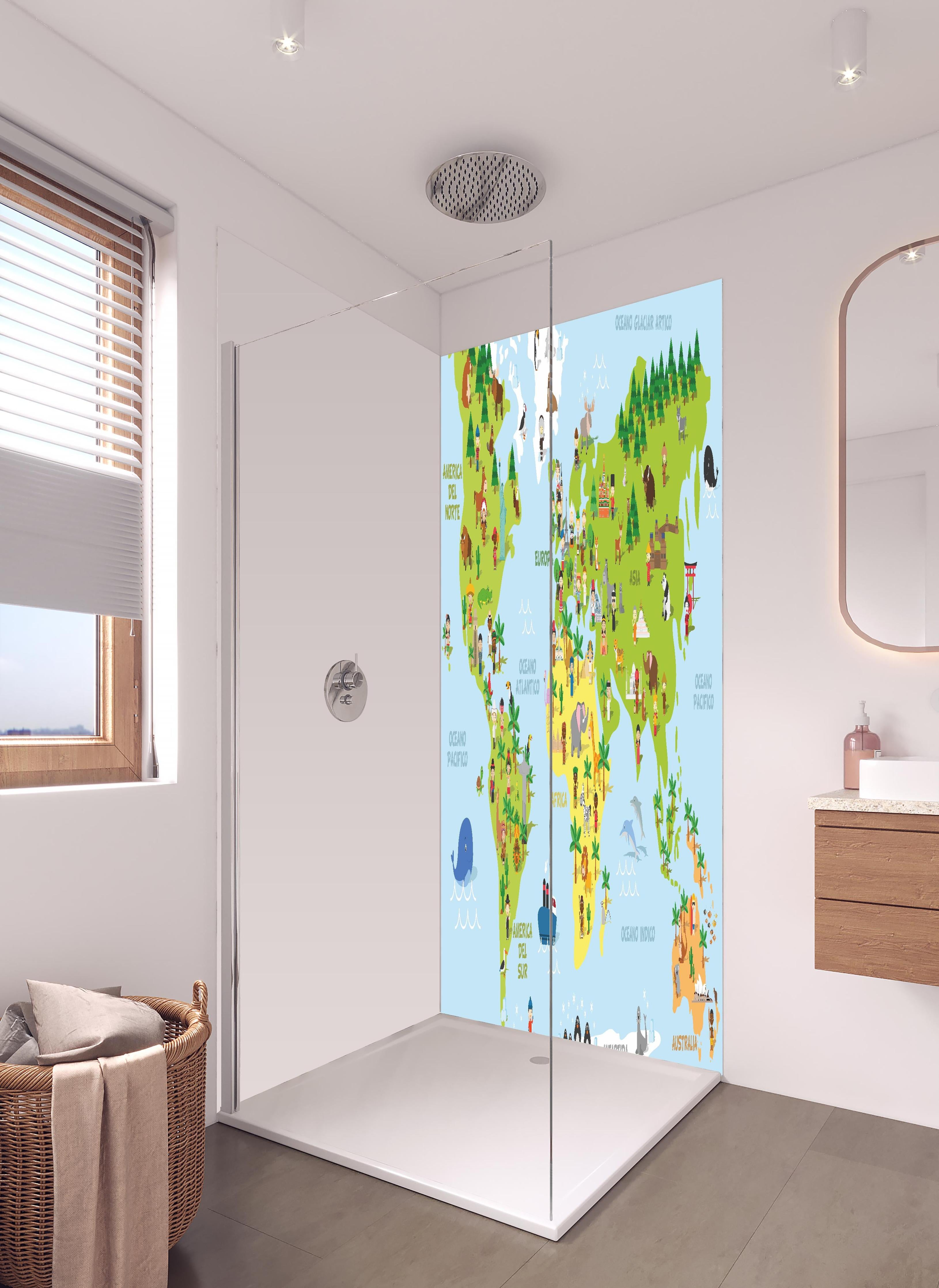 Duschrückwand - Illustrative Weltkarte für Kinder Lernspielzeug in hellem Badezimmer mit Regenduschkopf - zweiteilige Eck-Duschrückwand