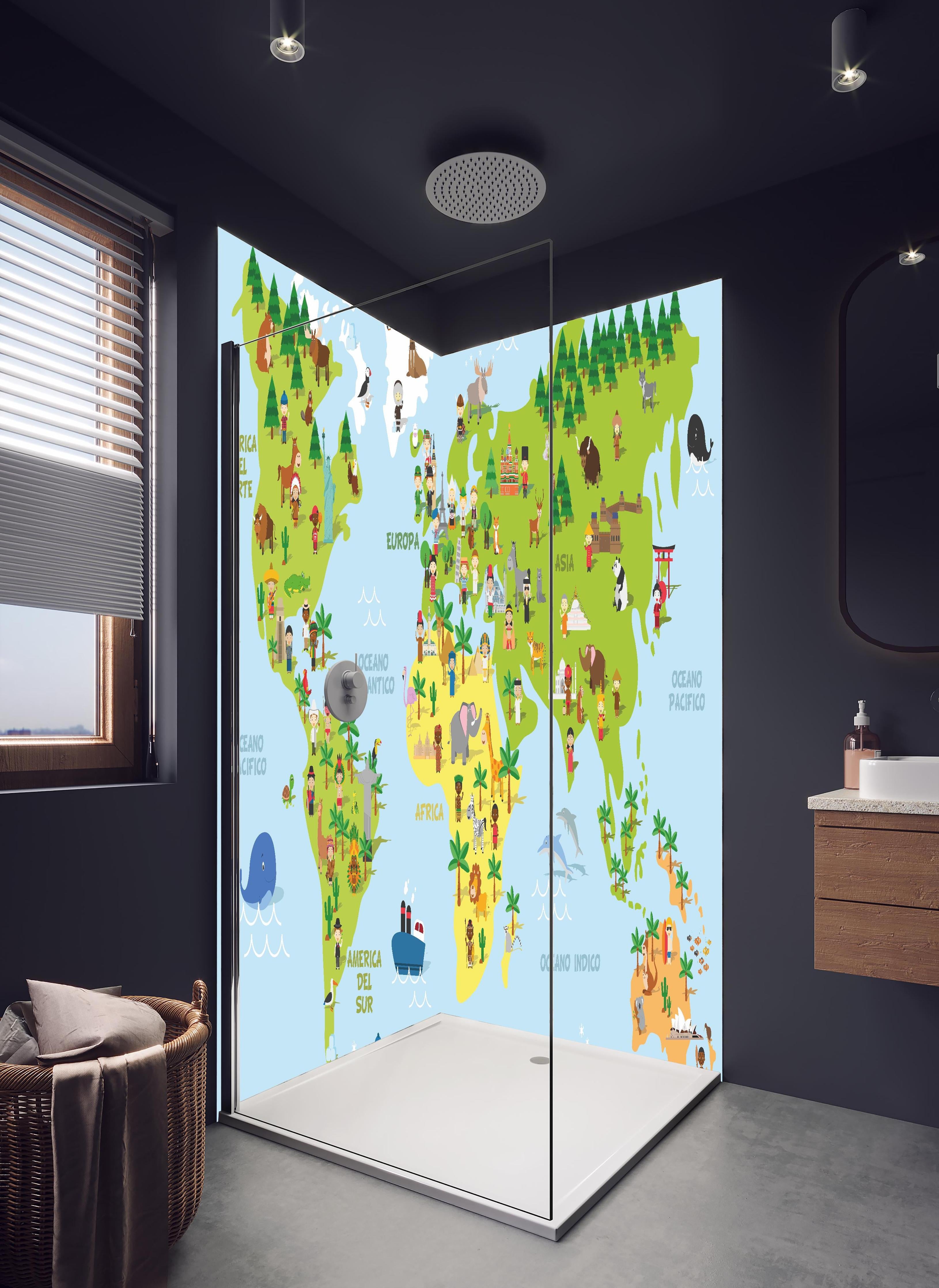 Duschrückwand - Illustrative Weltkarte für Kinder Lernspielzeug in hellem Badezimmer mit Regenduschkopf - zweiteilige Eck-Duschrückwand